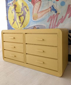 Vintage American butter yellow pencil reed sideboard w drawers / dresser, 1970s