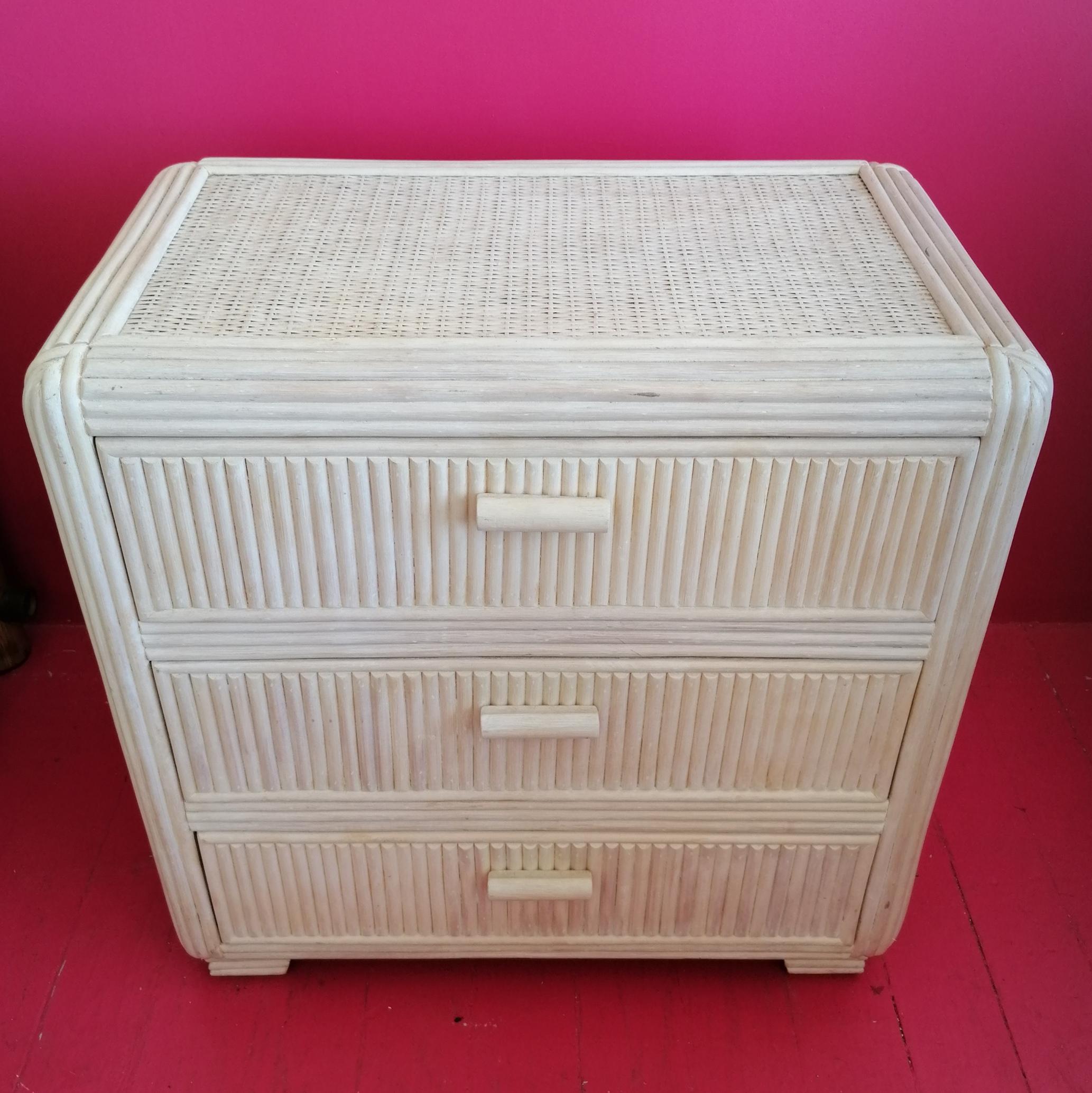 Bohemian Vintage American cane chest of drawers with rattan top, 1970s For Sale