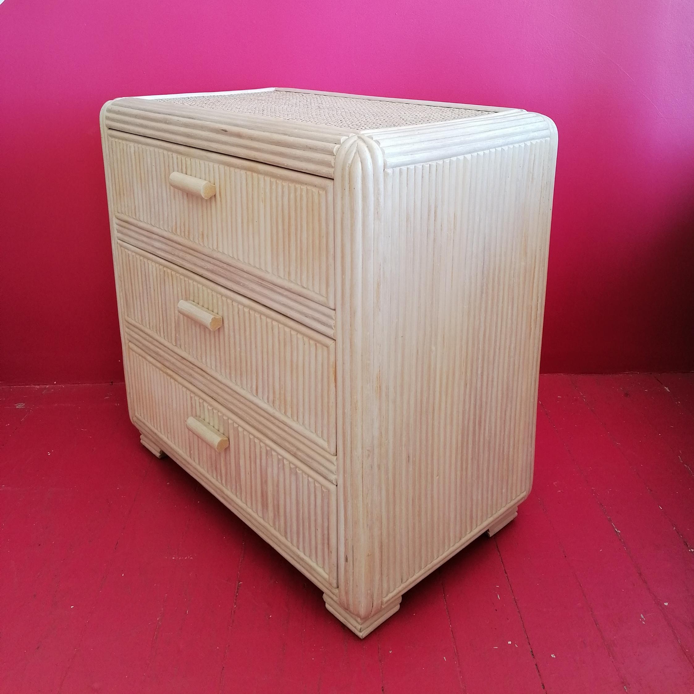 Cane Vintage American cane chest of drawers with rattan top, 1970s For Sale