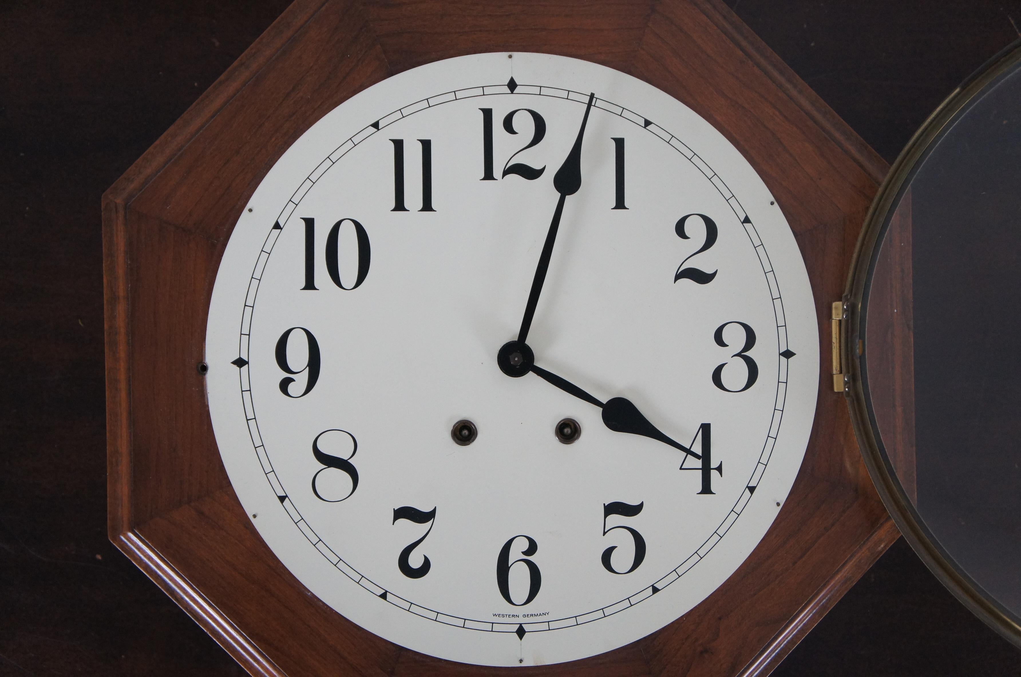 Vintage American Cherry Octagon School House Short Drop Wall Clock West Germany  In Good Condition In Dayton, OH