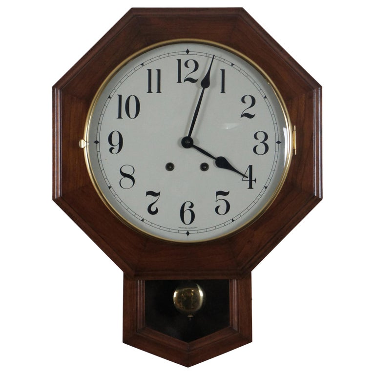 Vintage American Cherry Octagon School House Short Drop Wall Clock West ...