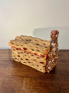 Vintage American Cholla Wood & River Stone Log Cabin Table Lamp, Folk Art