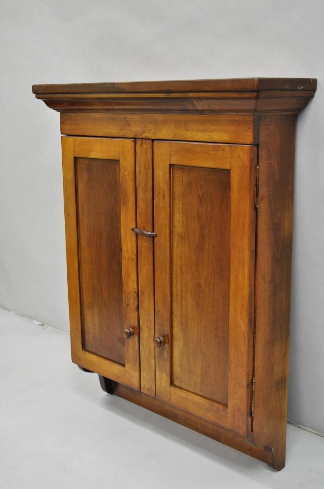Vintage American Colonial Style Cherry Wood 2 Door Wall Hanging Hutch Kitchen Cupboard. Circa Late 20th Century. Measurements: 35