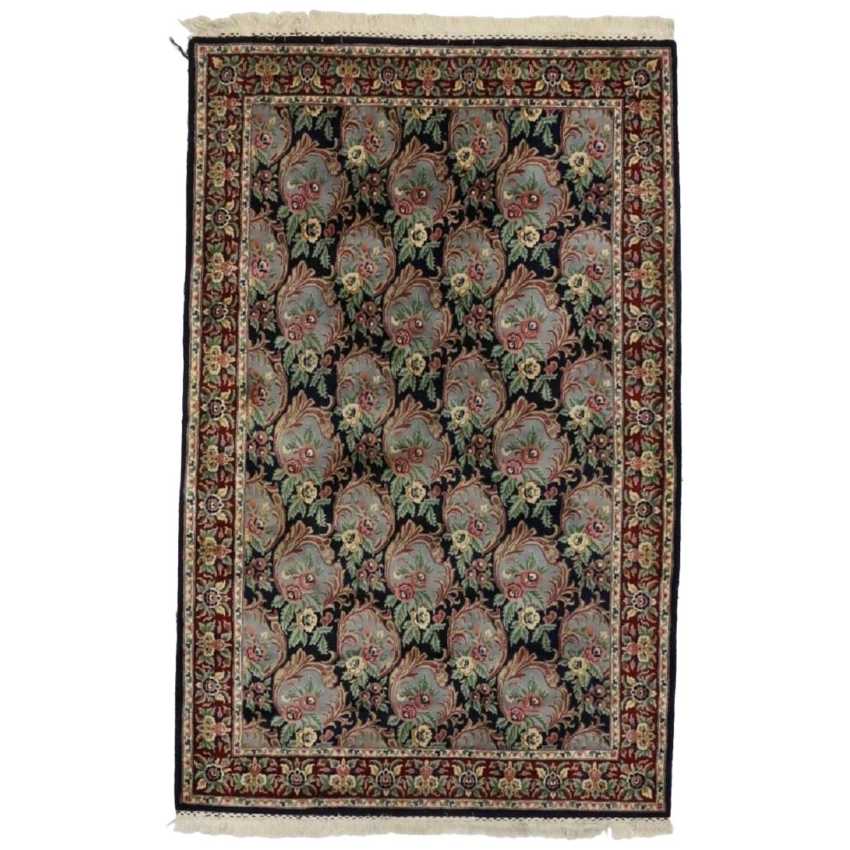 Vintage American Colonial Style Indian Area Rug with Framed Flowers For Sale