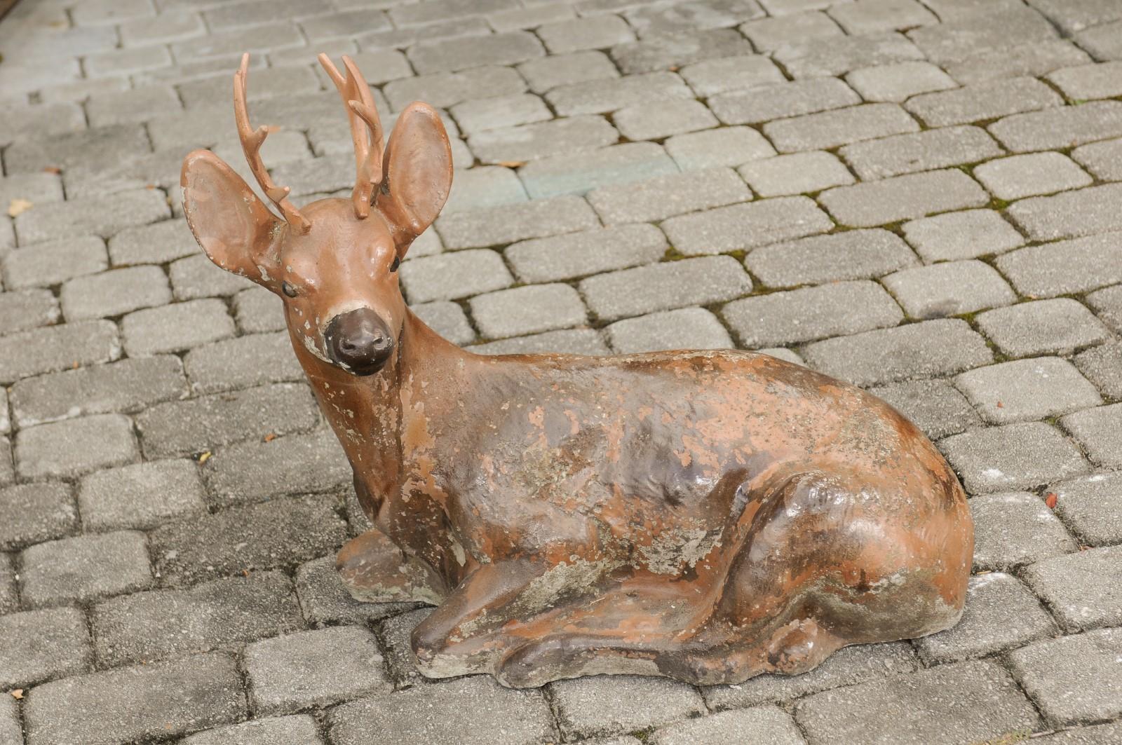 Vintage American Concrete Reclining Deer Sculpture with Iron Antlers and Patina For Sale 2