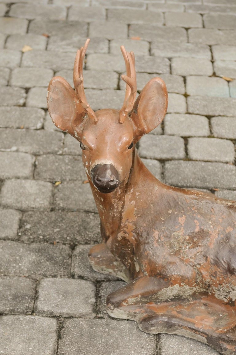 Vintage American Concrete Reclining Deer Sculpture with Iron Antlers