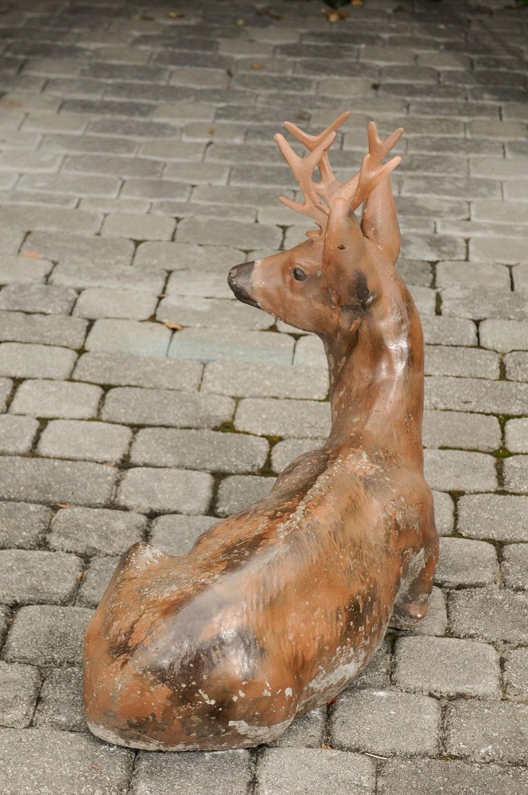 Vintage American Concrete Reclining Deer Sculpture with Iron Antlers