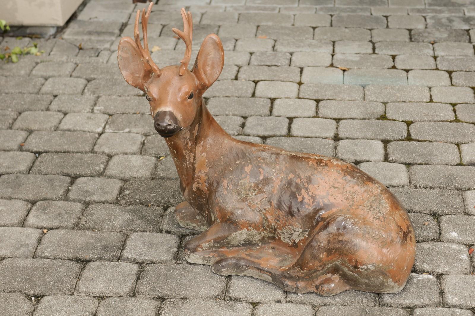 Vintage American Concrete Reclining Deer Sculpture with Iron Antlers and Patina For Sale 1
