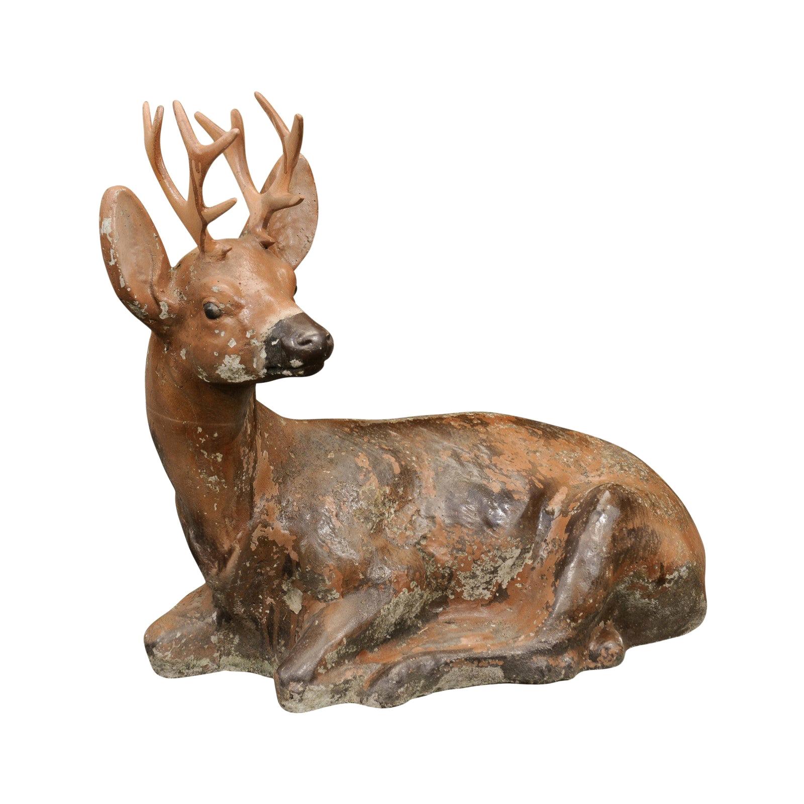 Vintage American Concrete Reclining Deer Sculpture with Iron Antlers and Patina
