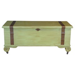 Vintage American Country Farmhouse Green Painted Chic Pine Blanket Chest Trunk