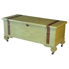 Vintage American Country Farmhouse Green Painted Chic Pine Blanket Chest Trunk