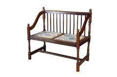 Vintage American Country Farmhouse Mahogany Settee Bench Needlepoint Seat