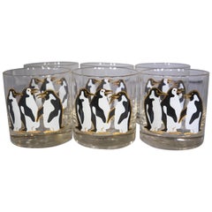 Vintage American Couroc Set of 6 Black, White, and Gold Penguin Glasses