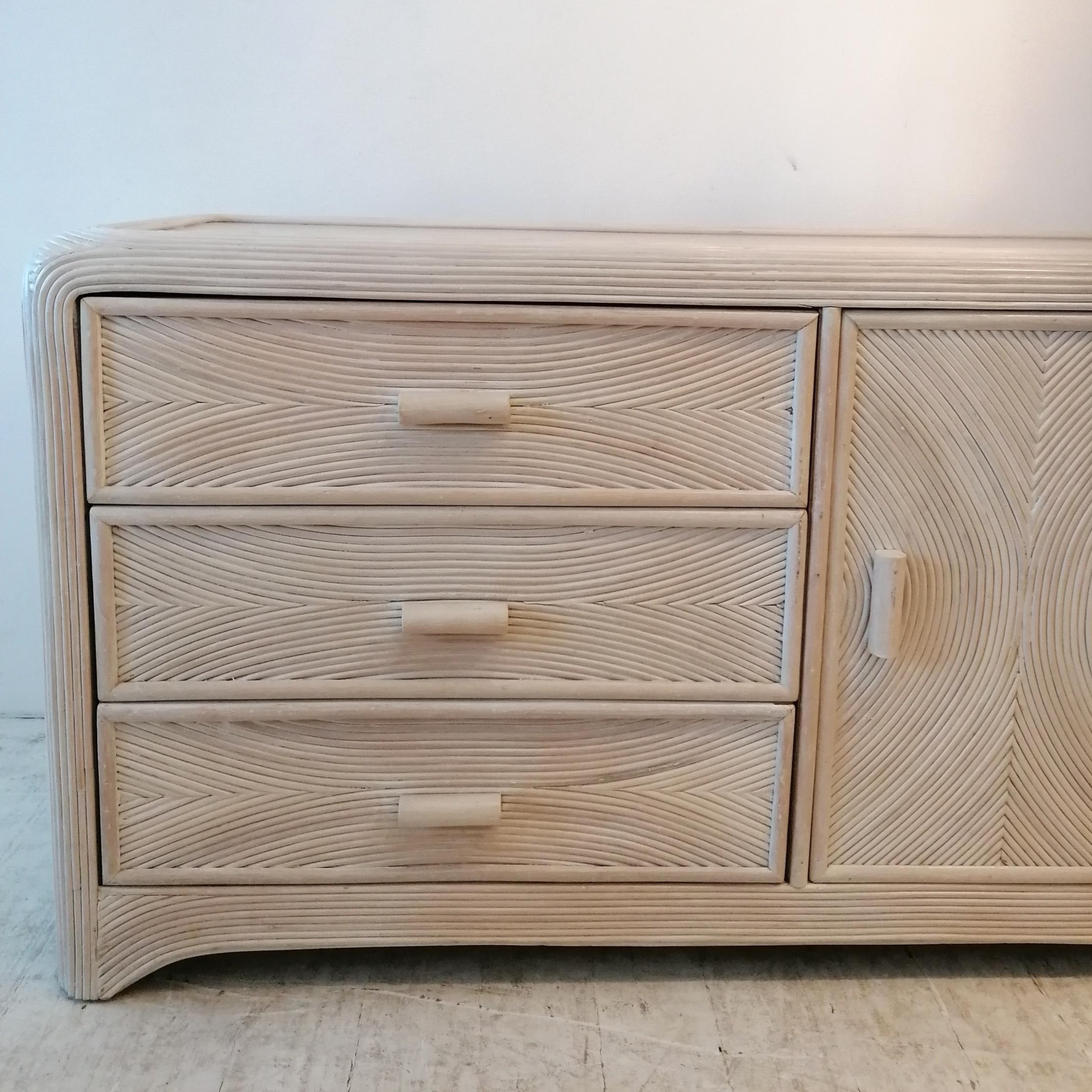 Vintage American cream pencil reed / cane sideboard with drawers c1970s 4