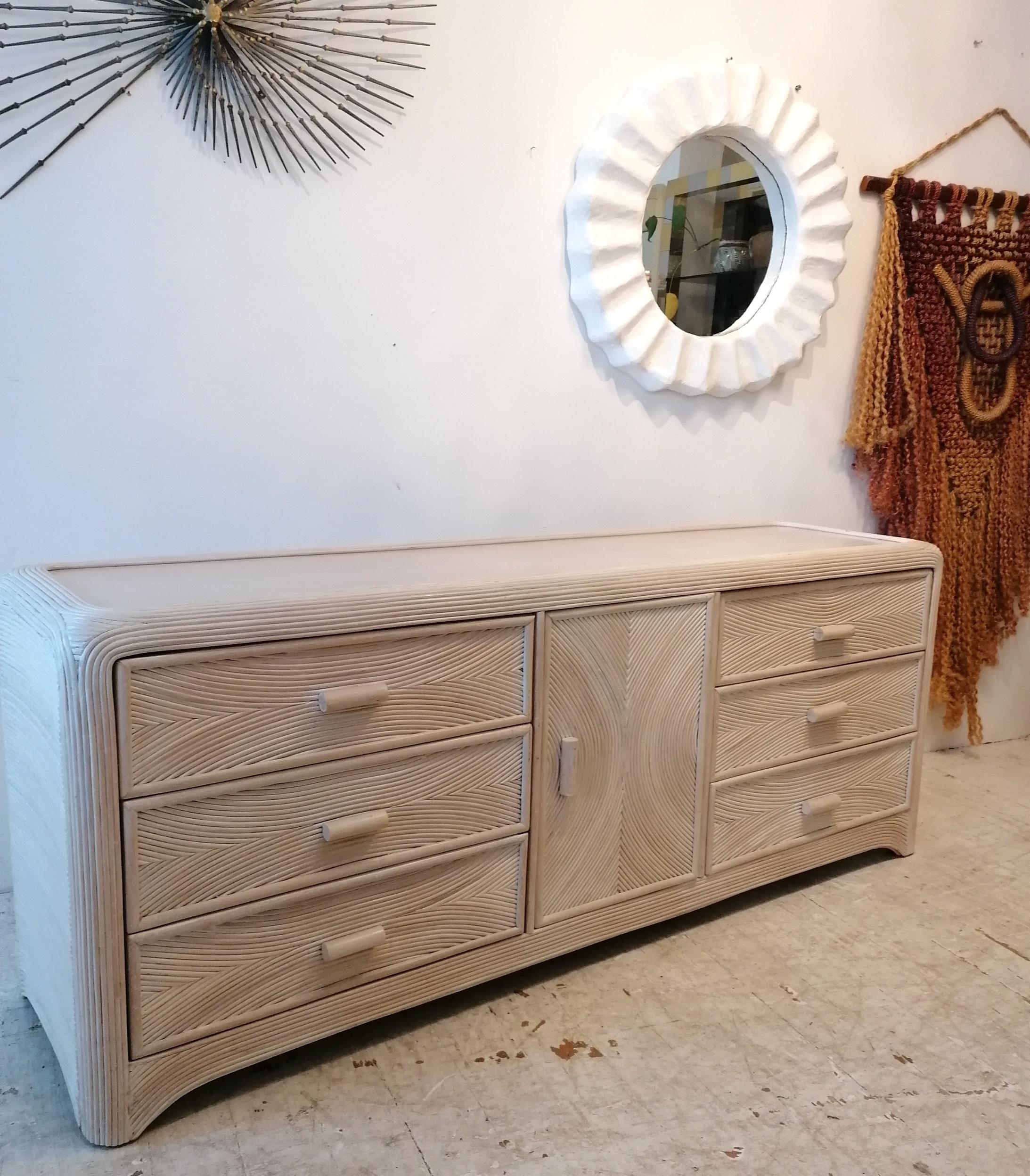 Vintage American cream pencil reed / cane sideboard with drawers c1970s 2