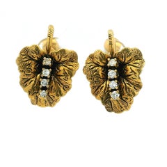 Vintage American Diamond Leaf Ear Clips in 14 Karat Gold, Mid-Century