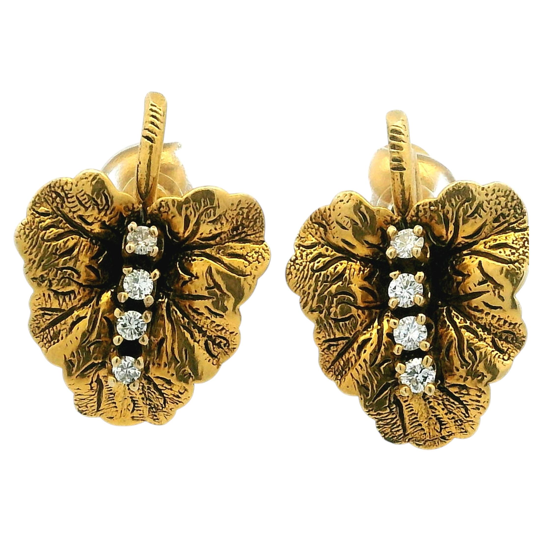 Clips d'oreille vintage en or 14 carats avec feuille de diamant, milieu du siècle dernier