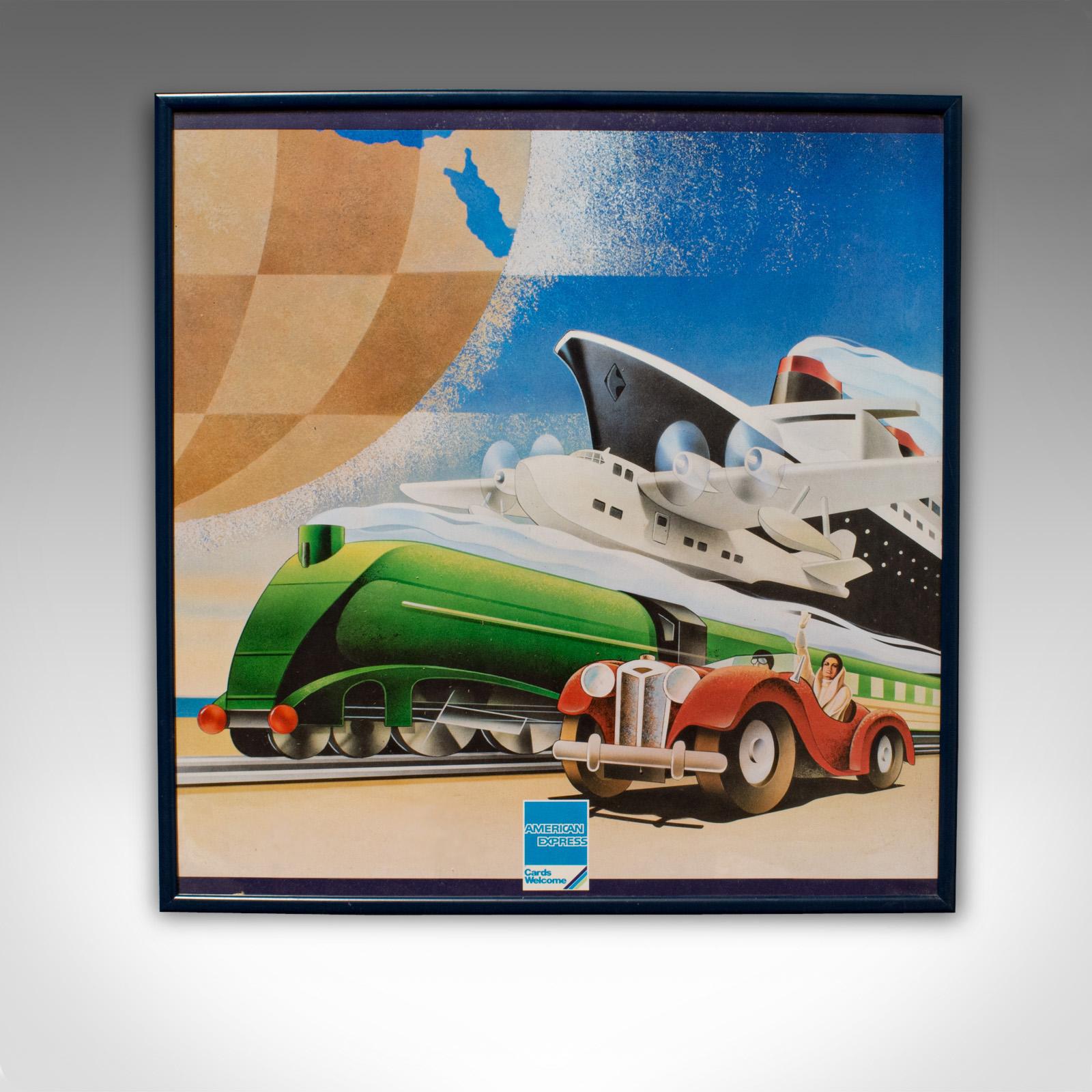 Se trata de una impresión vintage de American Express. Cartel publicitario americano, enmarcado, de Amex, de finales del siglo XX, hacia 1980. 

Captura el espíritu de los viajes de época
Presenta una deseable pátina envejecida
Agradables