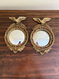 Vintage American Federal Gold Brass Eagle Bullseye Convex Mirrors, Pair