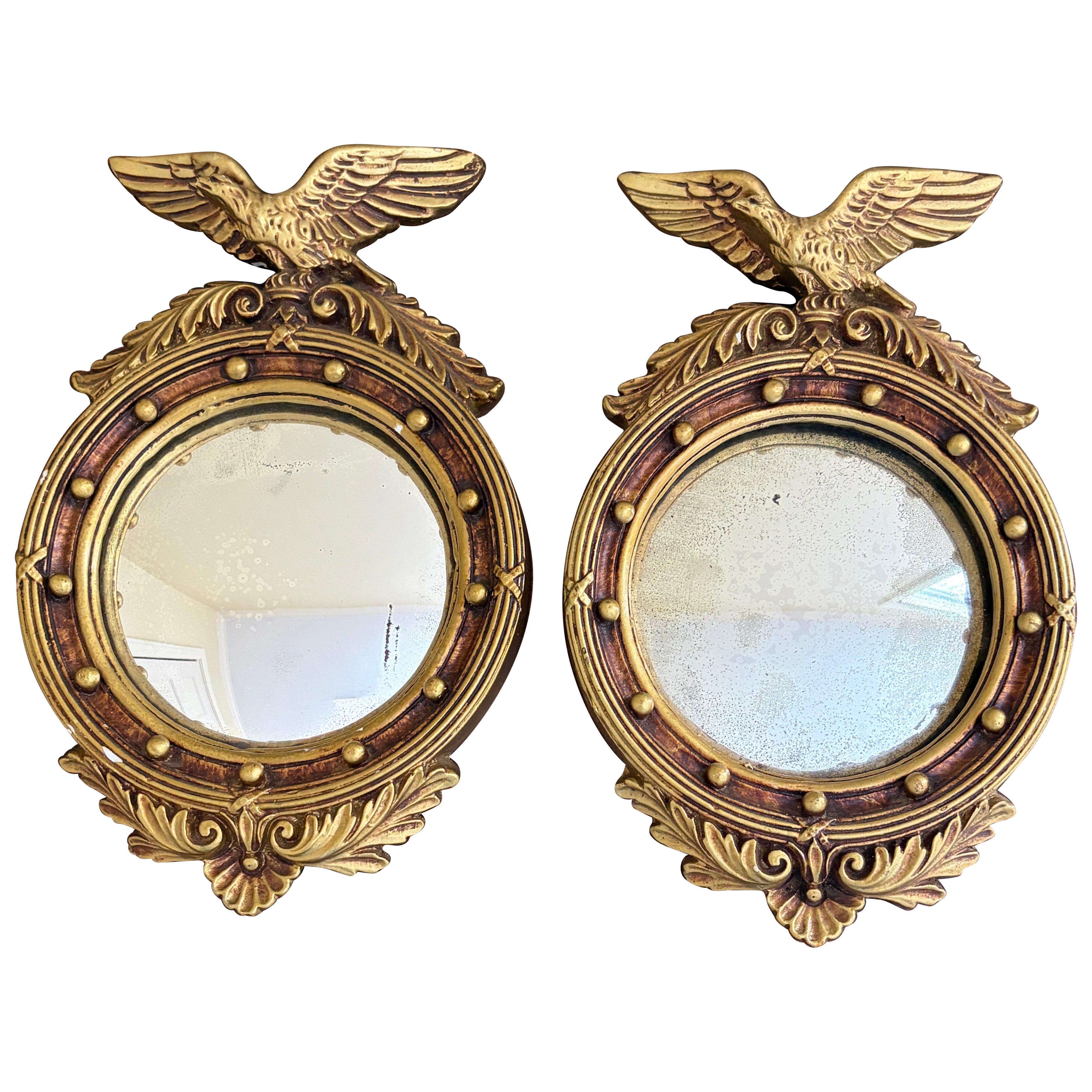 Vintage American Federal Gold Brass Eagle Bullseye Convex Mirrors, Pair