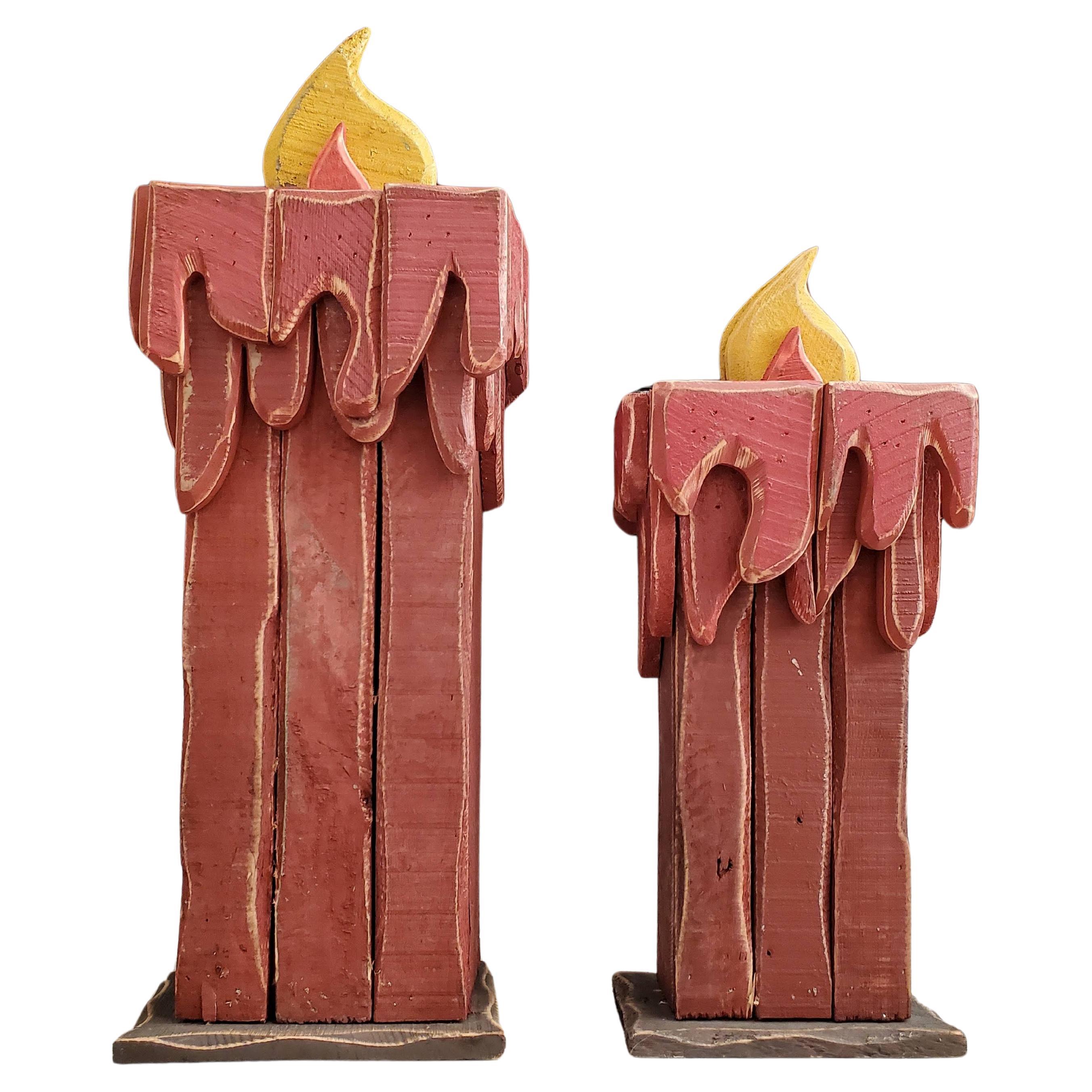 Vintage American Folk Art Carved Painted Candlestick Statue Pair For Sale