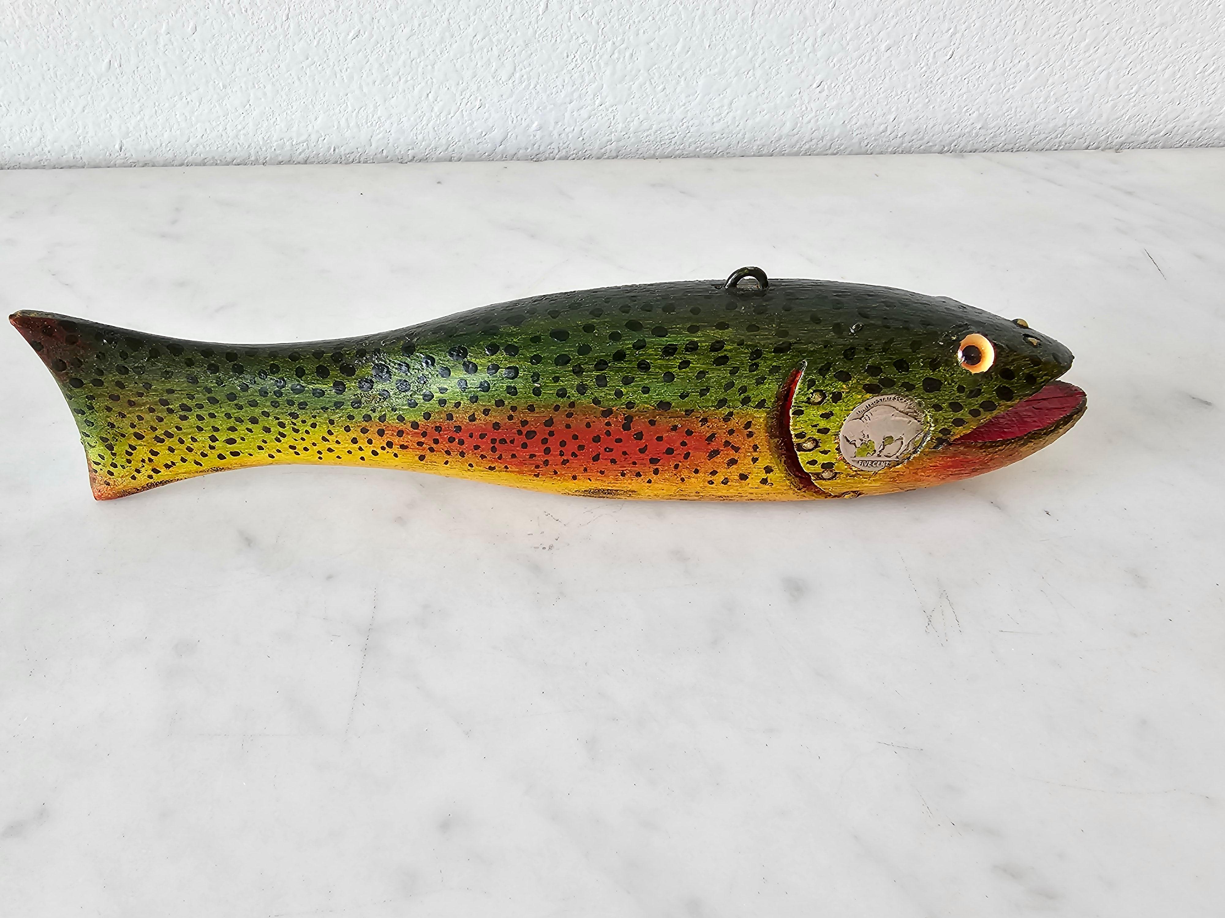 A rare one-of-a-kind Duluth Fish Decoy American Folk Art sculpture, depicting a large rainbow trout, hand carved by the late David Earl Perkins (Duluth, Minnesota, 1934-2018), featuring the original hand painted polychrome finish with realistic