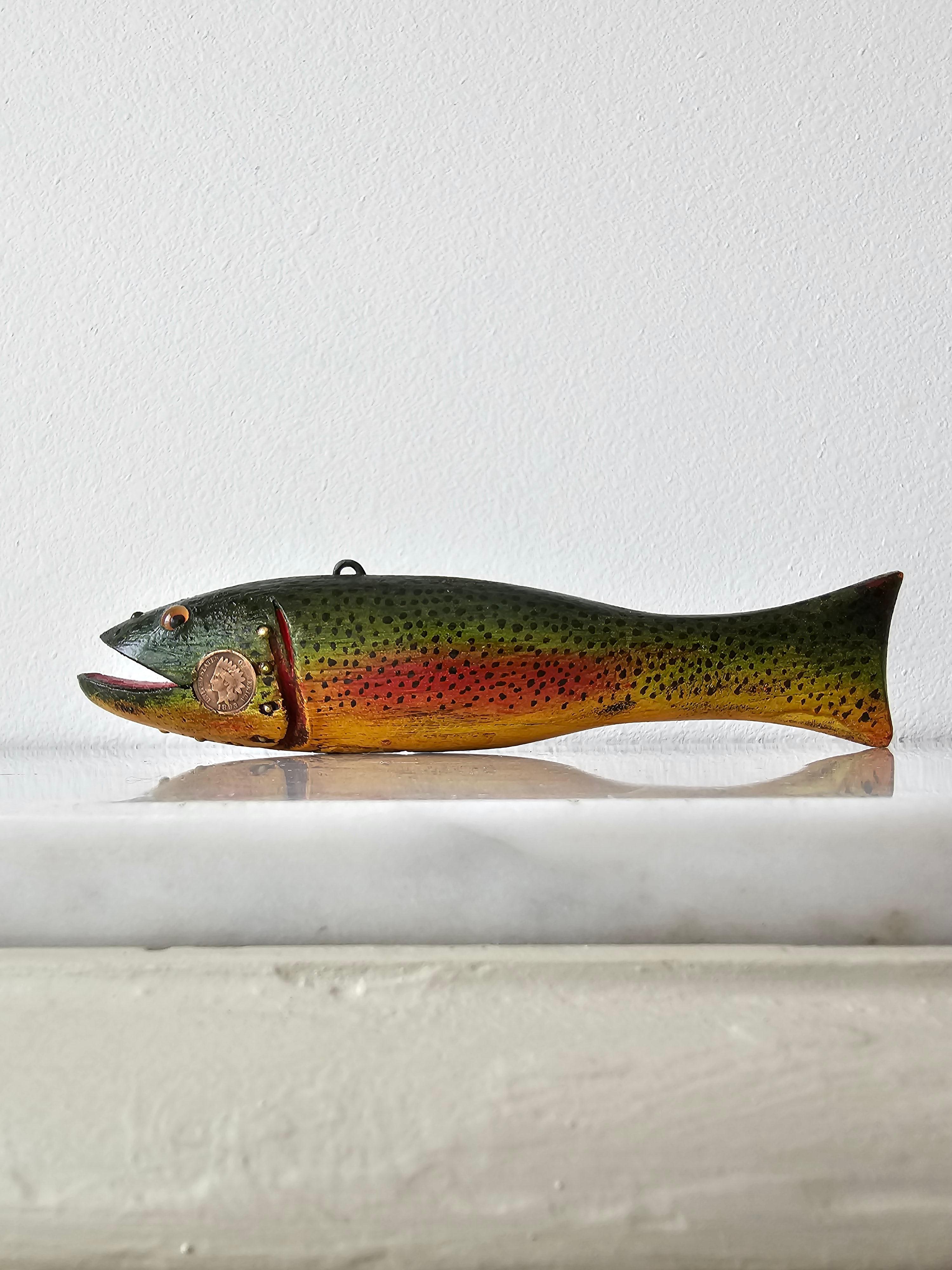 Vintage American Folk Art Duluth Fish Decoy Dfd Signed Carved Painted Trout In Good Condition In Forney, TX