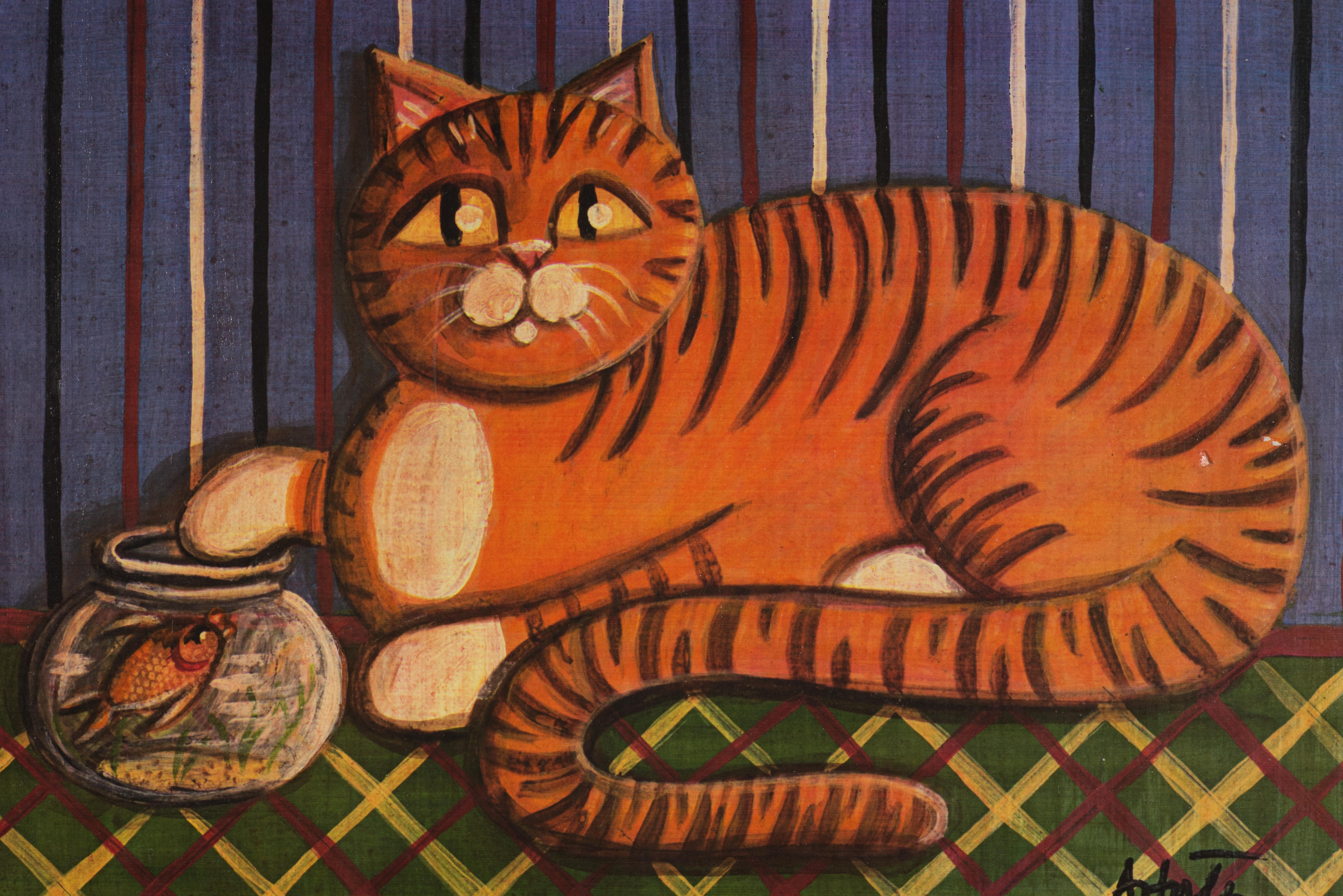  Encantadora pintura al óleo de arte popular americano sobre madera, con un gato naranja sentado junto a una pecera con peces dorados. El cuadro está ejecutado en estilo Naif, con el gato mirando hacia arriba mientras sujeta la pecera con una pata.