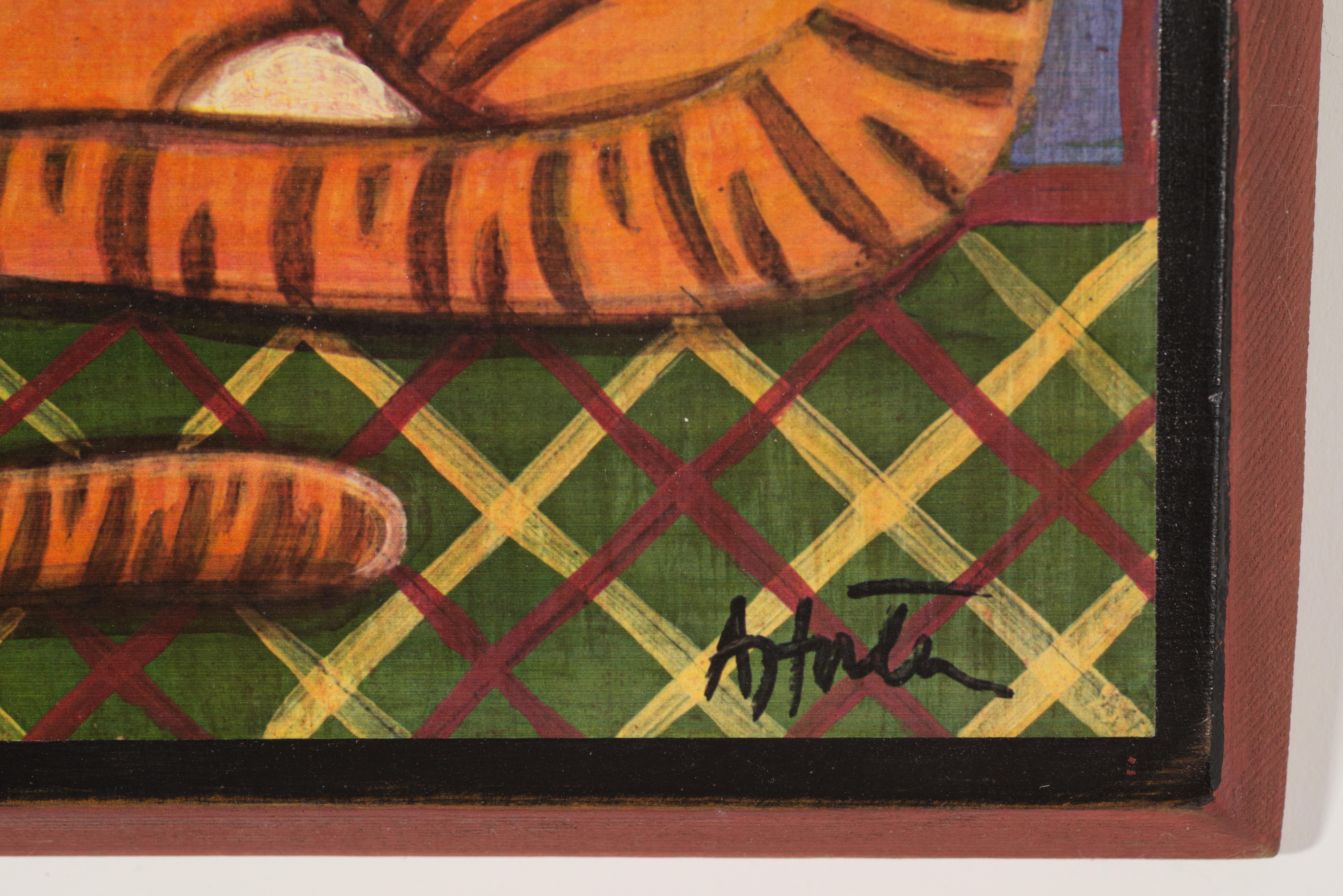 Vintage American Folk Art Pintura de un gato, óleo sobre madera Arte popular en venta