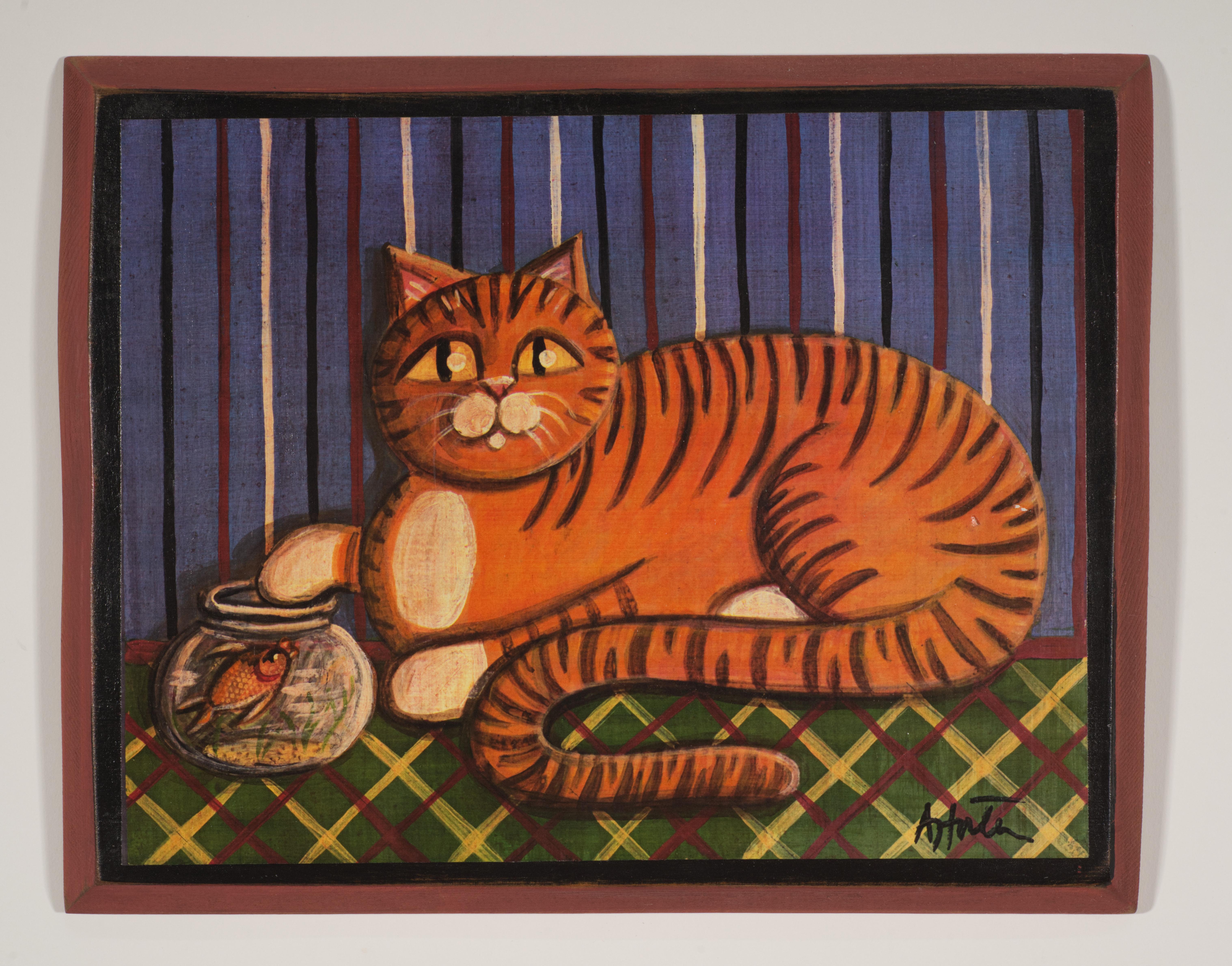 Vintage American Folk Art Pintura de un gato, óleo sobre madera Estadounidense en venta