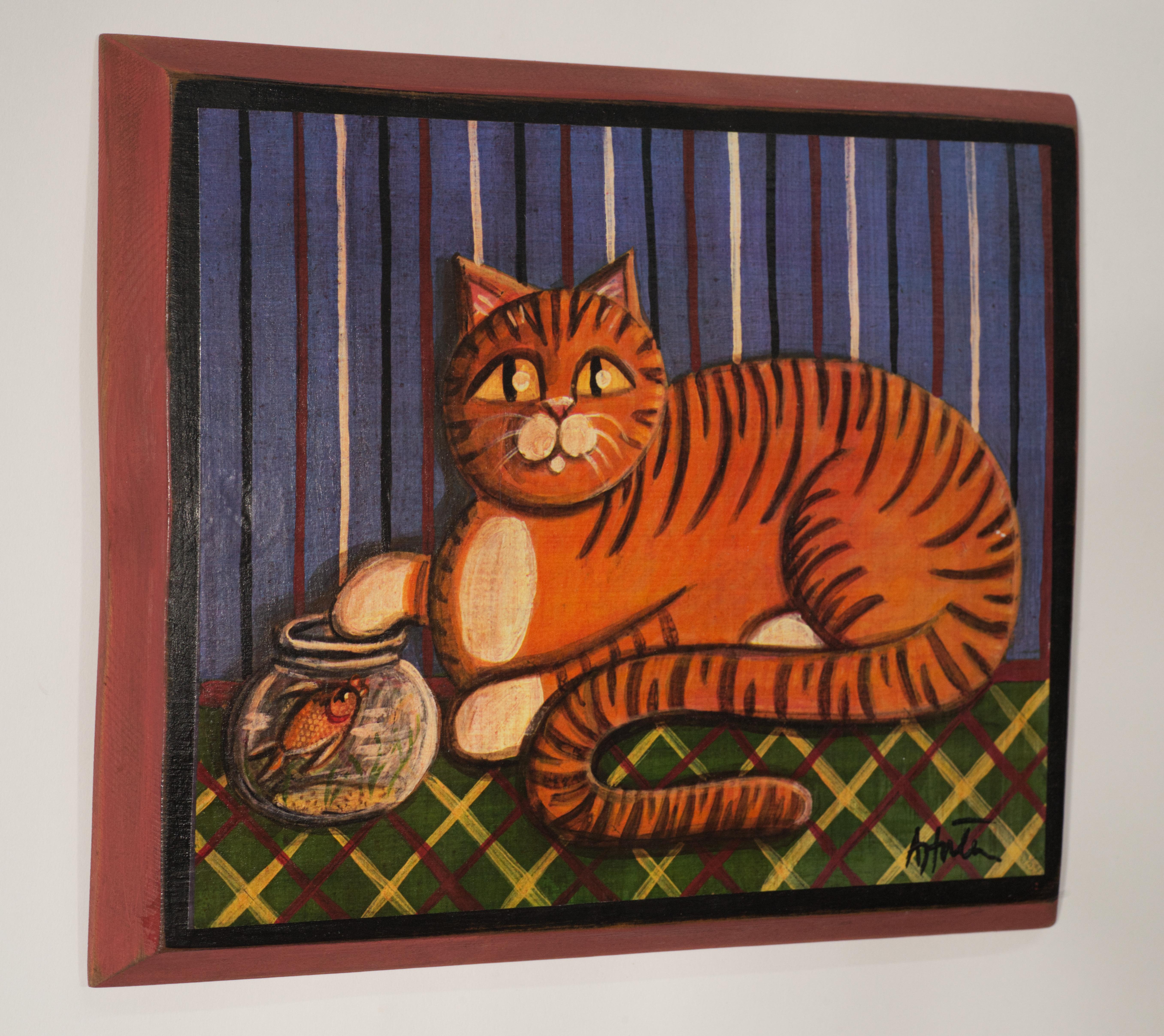 Vintage American Folk Art Pintura de un gato, óleo sobre madera Pintado a mano en venta