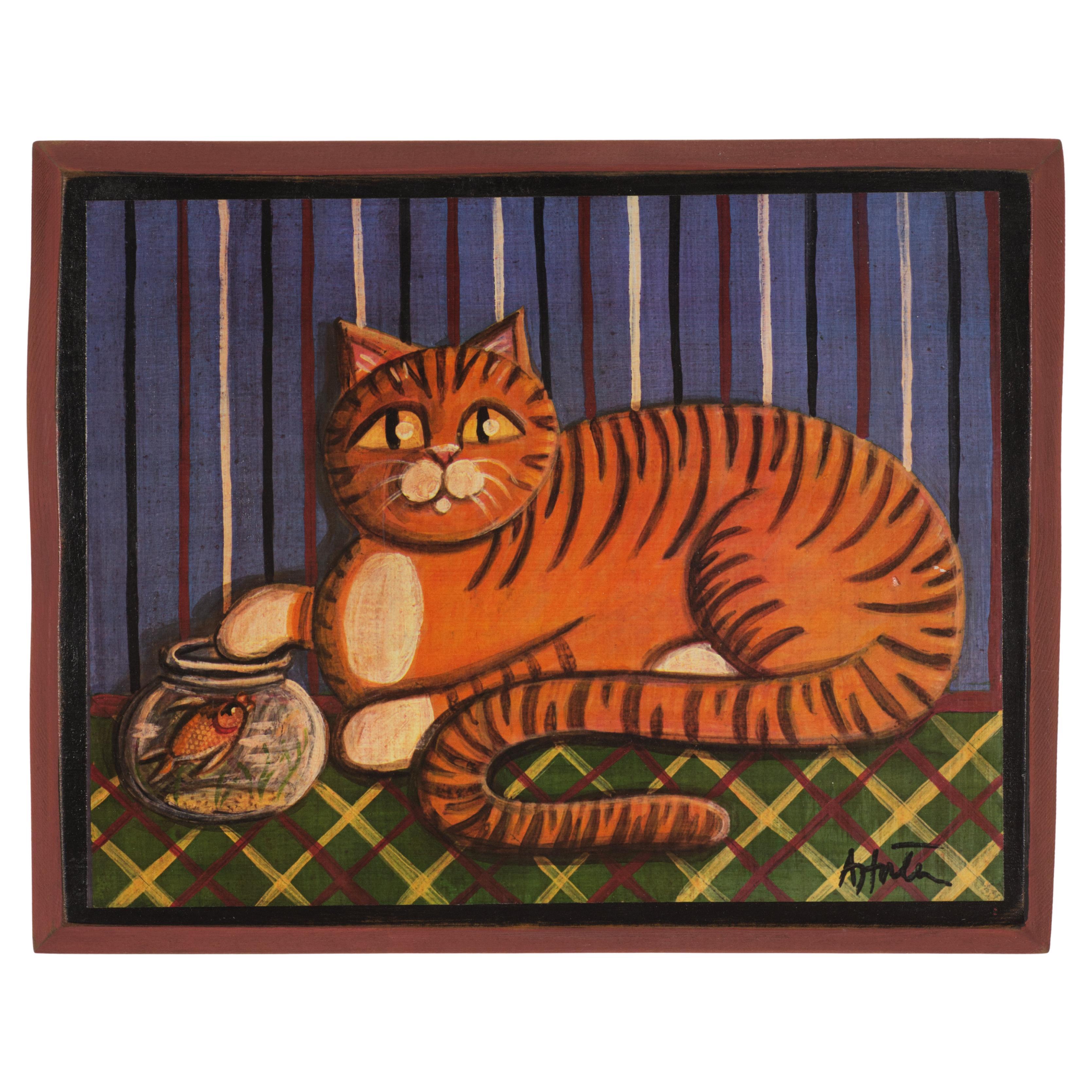Vintage American Folk Art Painting of a Cat, Oil on Wood