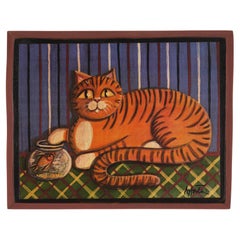Vintage American Folk Art Painting of a Cat, Oil on Wood