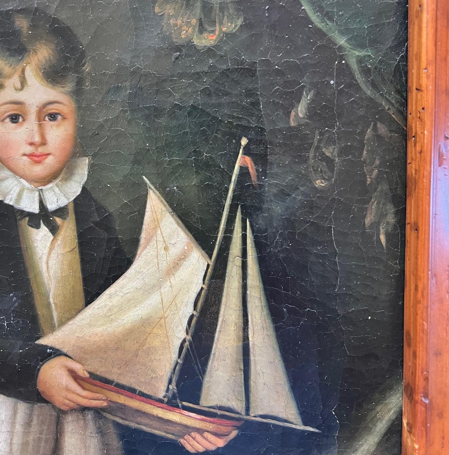 Amerikanisches gerahmtes Vintage-Ölgemälde auf Leinwand – Junge mit einem Spielzeugboot, signiert Trevor James, Vintage im Angebot 3