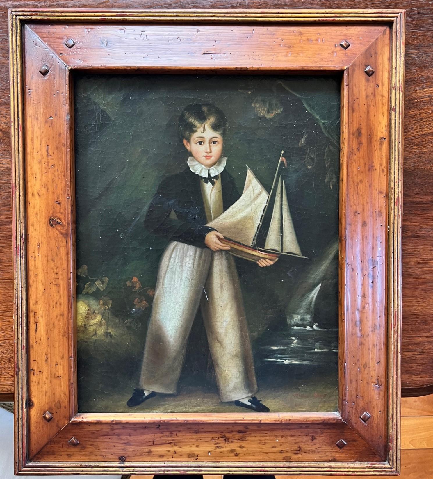 Amerikanisches gerahmtes Vintage-Ölgemälde auf Leinwand – Junge mit einem Spielzeugboot, signiert Trevor James, Vintage im Angebot 6