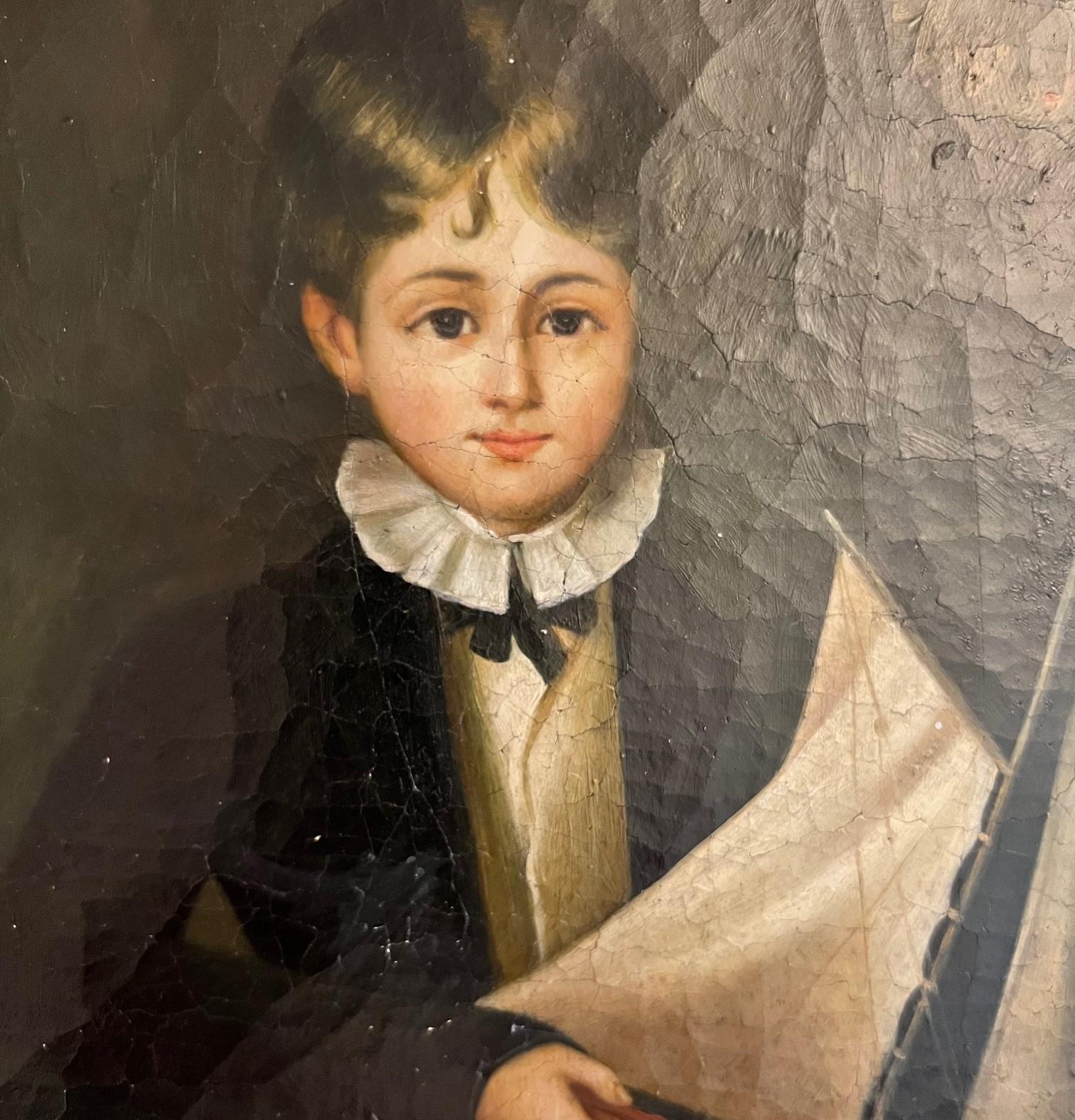 Amerikanisches gerahmtes Vintage-Ölgemälde auf Leinwand – Junge mit einem Spielzeugboot, signiert Trevor James, Vintage (Volkskunst) im Angebot