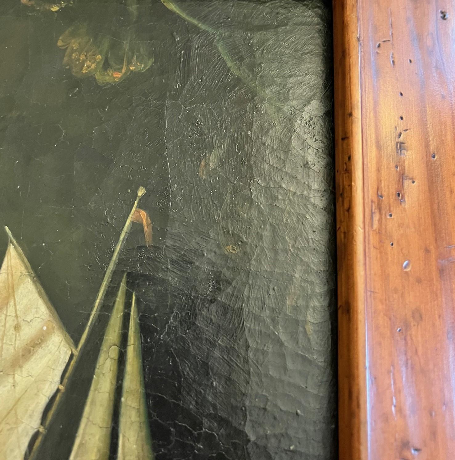 Amerikanisches gerahmtes Vintage-Ölgemälde auf Leinwand – Junge mit einem Spielzeugboot, signiert Trevor James, Vintage (amerikanisch) im Angebot