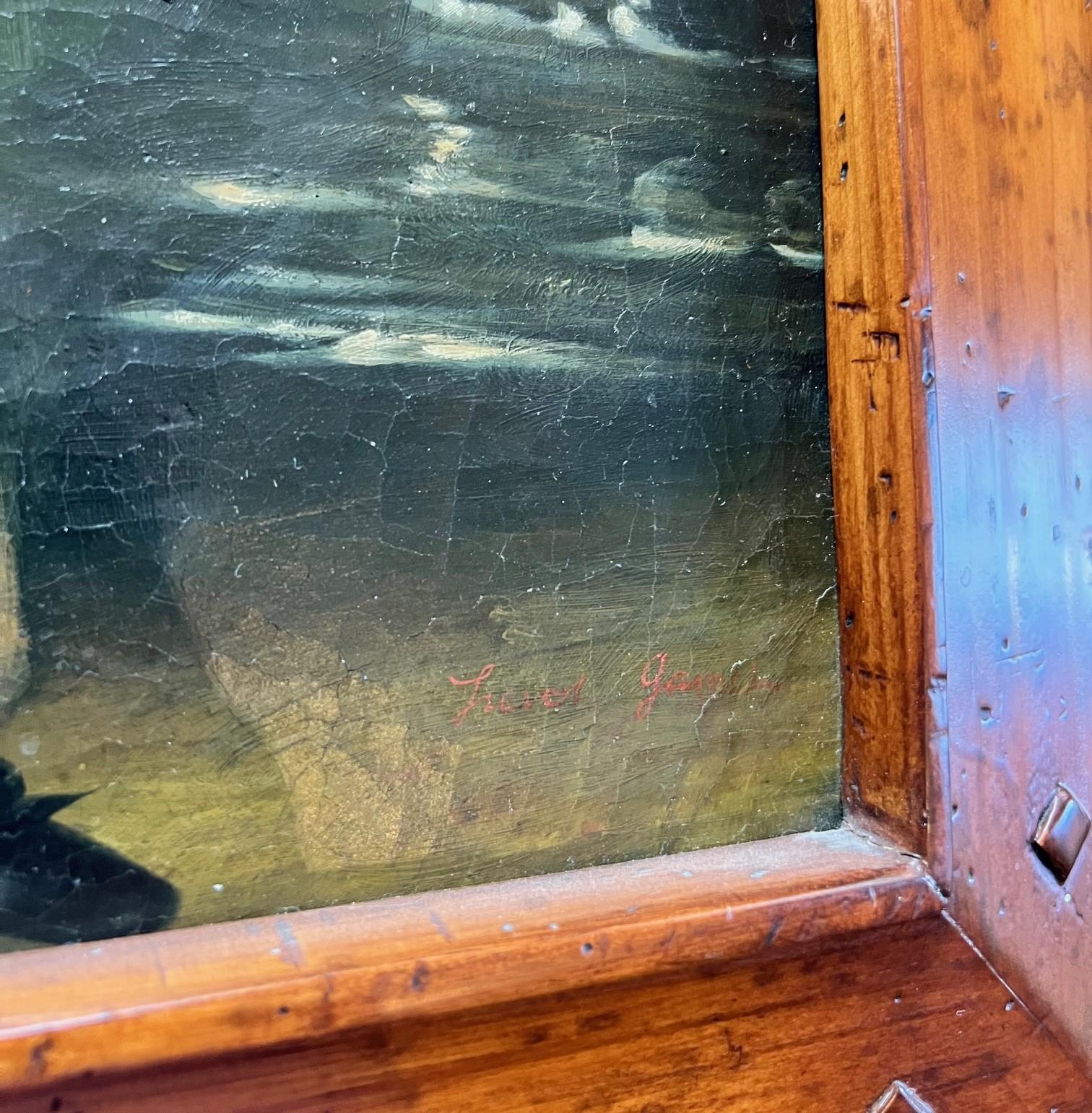 Amerikanisches gerahmtes Vintage-Ölgemälde auf Leinwand – Junge mit einem Spielzeugboot, signiert Trevor James, Vintage im Angebot 1