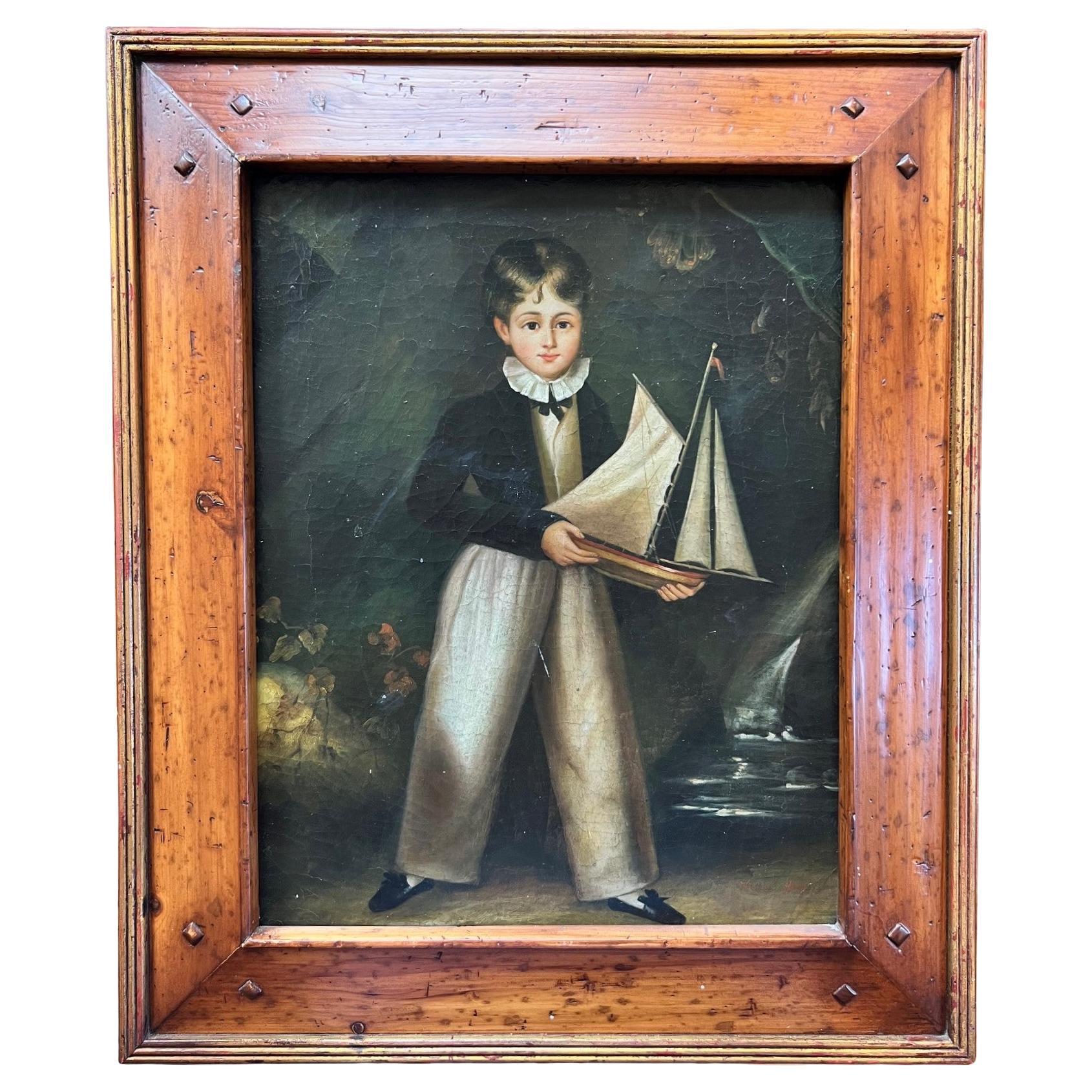Vintage American Framed Oil on Canvas - Boy with a Toy Boat, Signed Trevor James