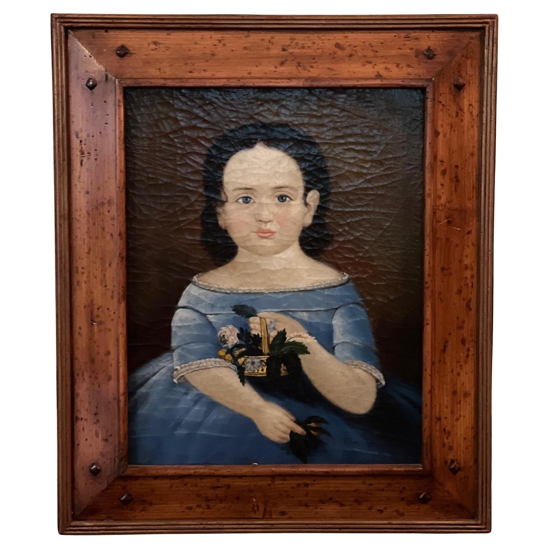 Vintage American Framed Oil on Canvas - Girl with Basket, Signed Trevor James