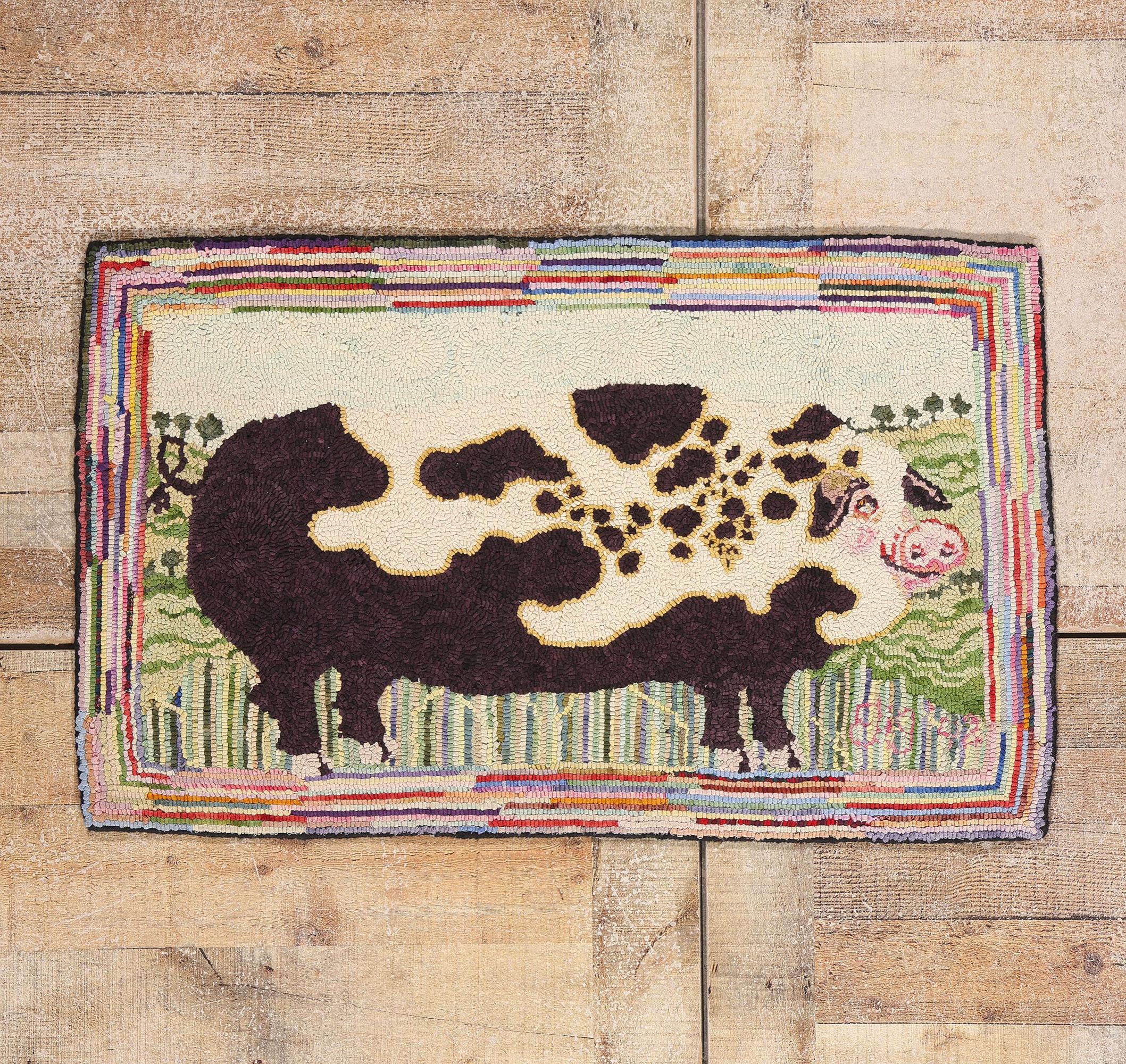 Vintage American Gloucester Old Spot Pig Hooked Rug with Folk Art Style For Sale 5