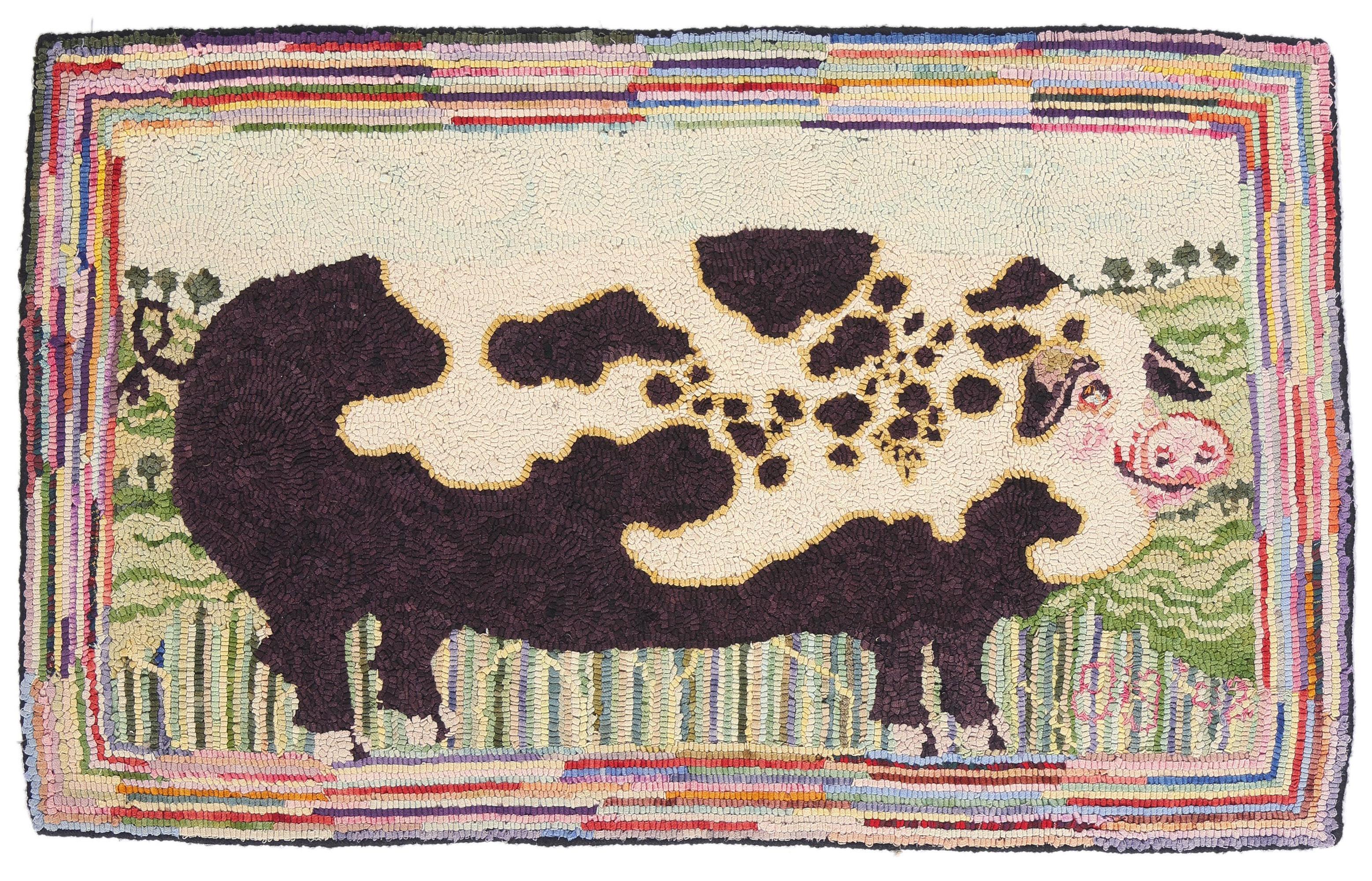 Vintage American Gloucester Old Spot Pig Hooked Rug with Folk Art Style For Sale 6