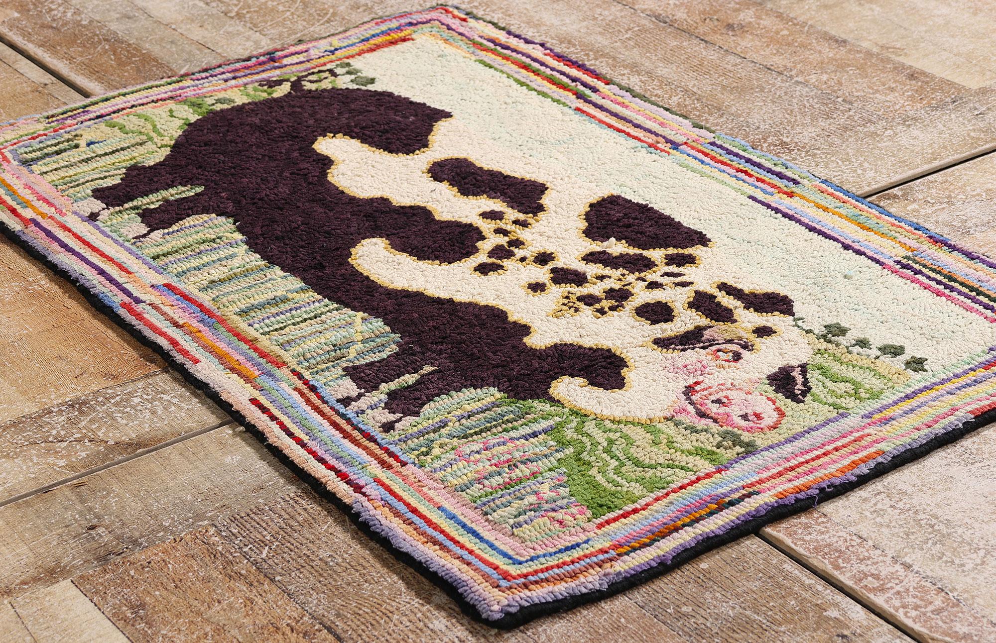 79267 Vintage American Gloucester Old Spot Pig Hooked Rug, 01'11 x 03'01. Step into the charming and storied world of American folk art with this rare hand-hooked Gloucester Old Spot pig rug, a delightful marriage of pastoral heritage and artisanal