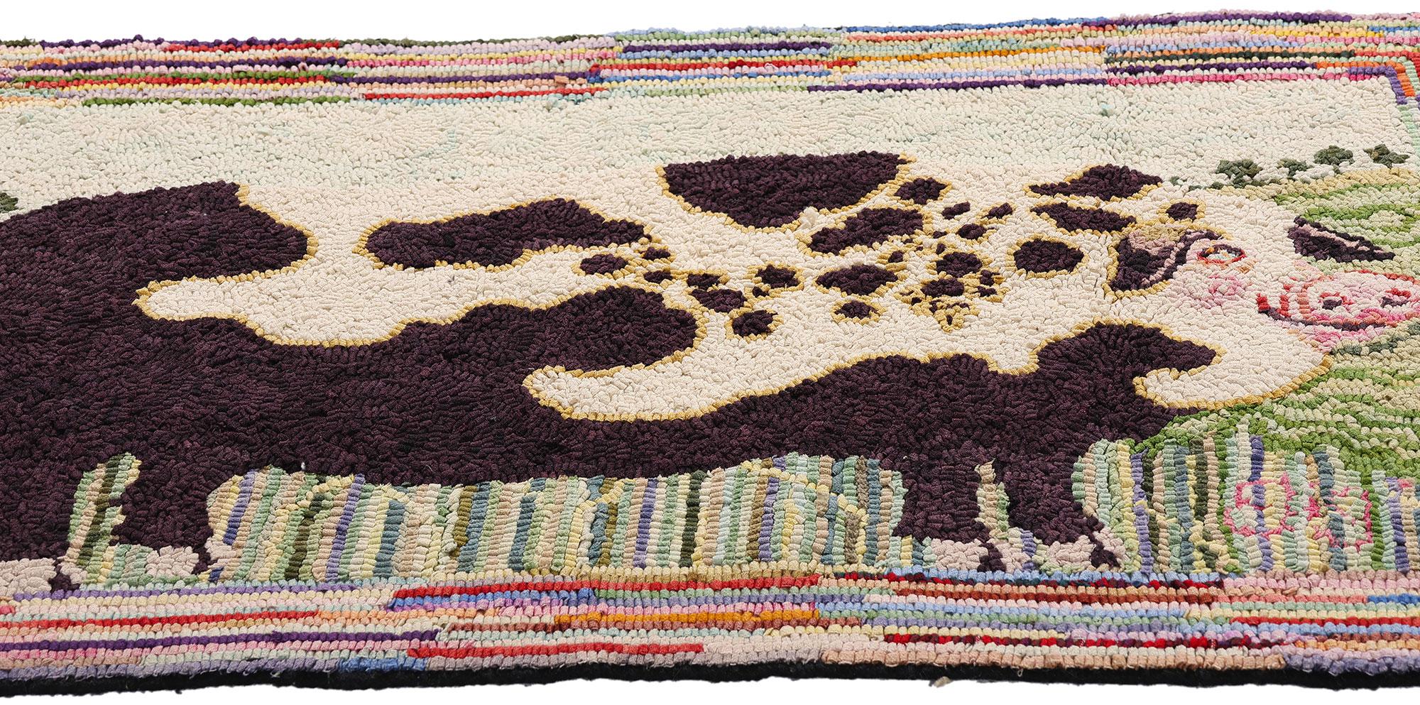 Hand-Crafted Vintage American Gloucester Old Spot Pig Hooked Rug with Folk Art Style For Sale