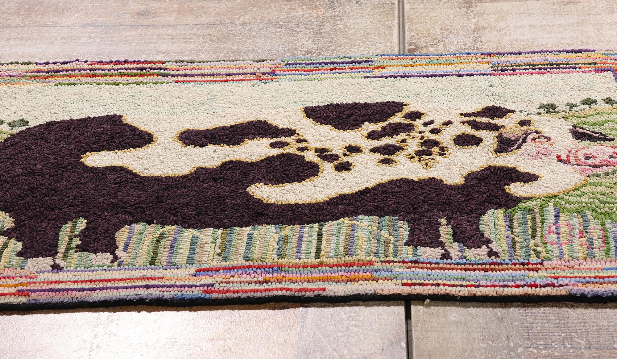 Vintage American Gloucester Old Spot Pig Hooked Rug with Folk Art Style In Good Condition For Sale In Dallas, TX