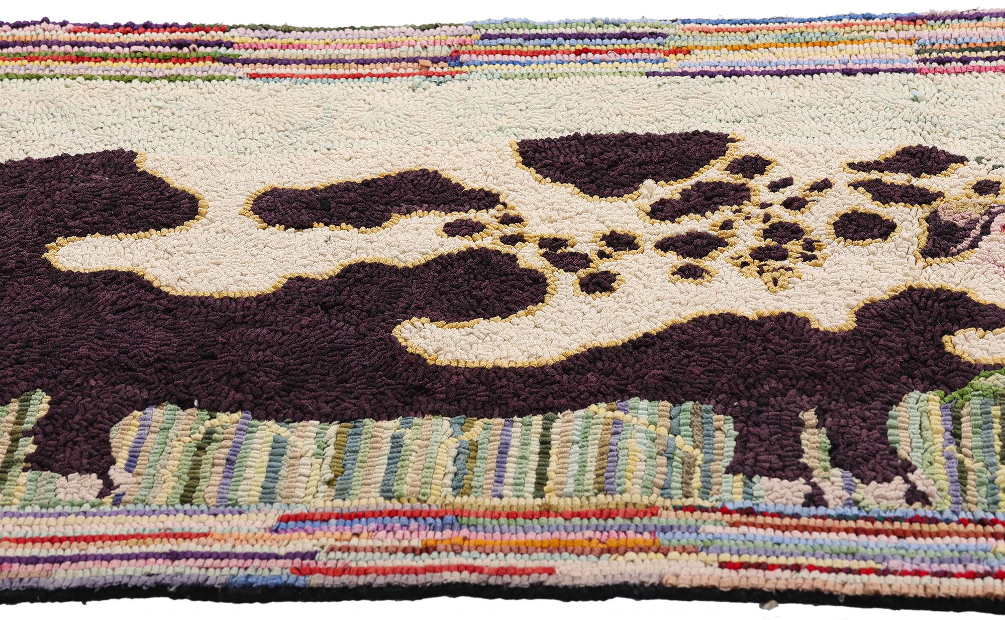 Wool Vintage American Gloucester Old Spot Pig Hooked Rug with Folk Art Style For Sale