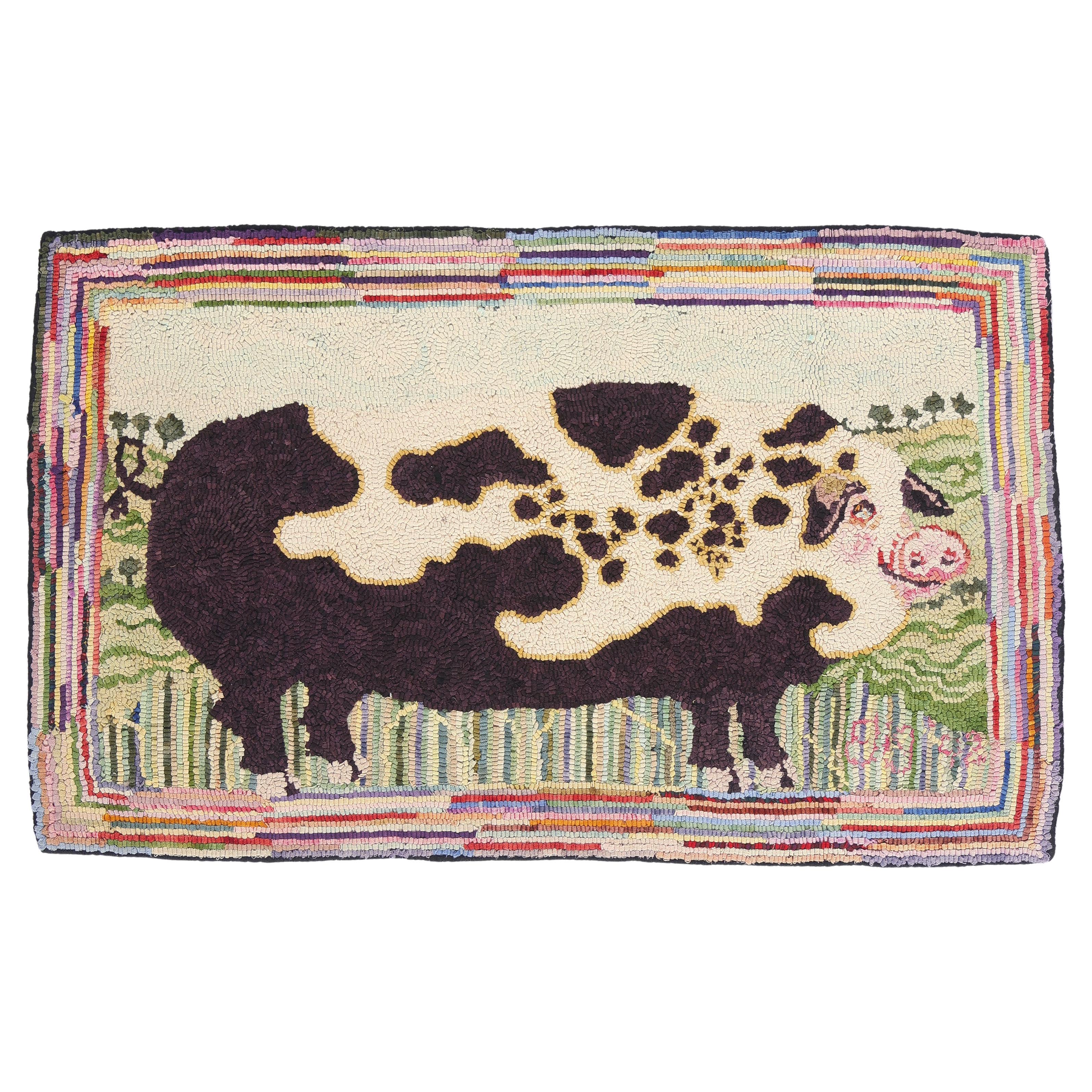 Vintage American Gloucester Old Spot Pig Hooked Rug with Folk Art Style For Sale