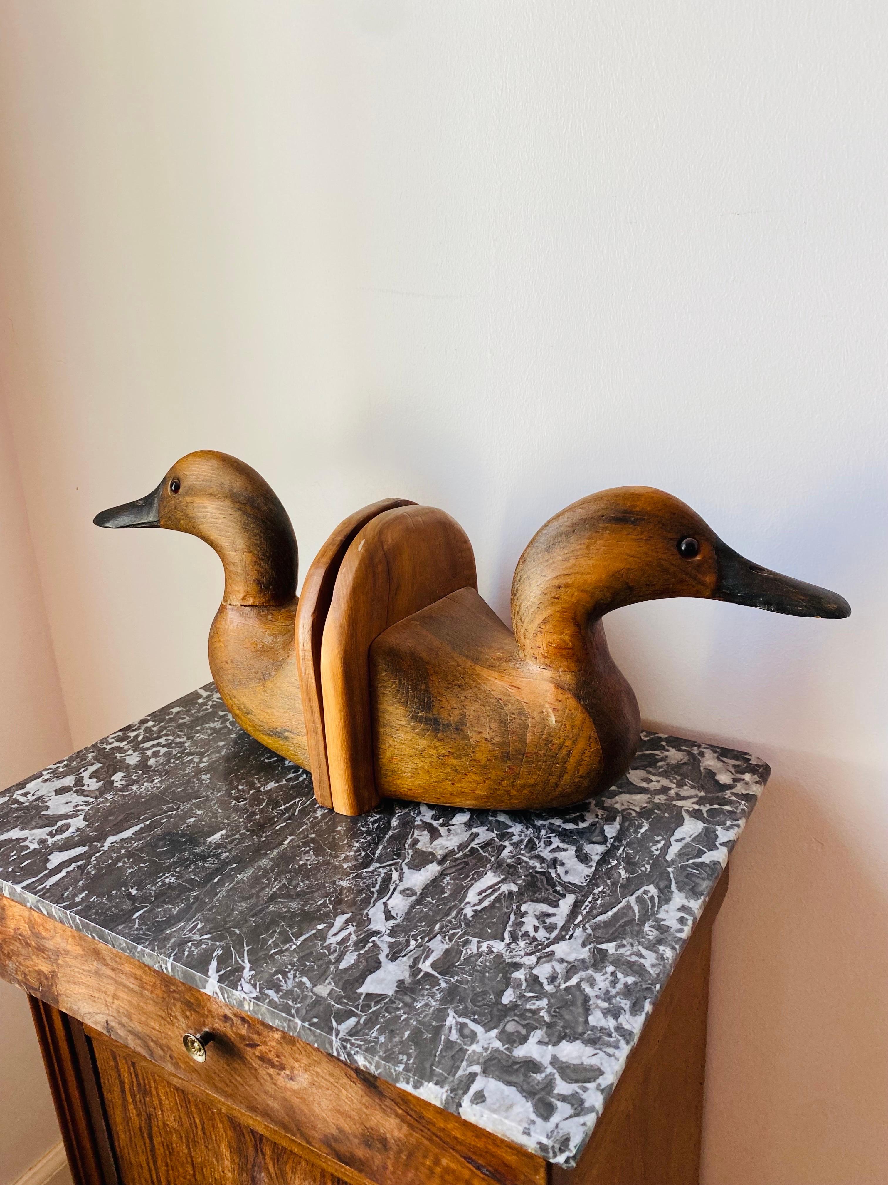 Folk Art Vintage American Hand Carved Wooden Decoy Duck Bookends (Pair)