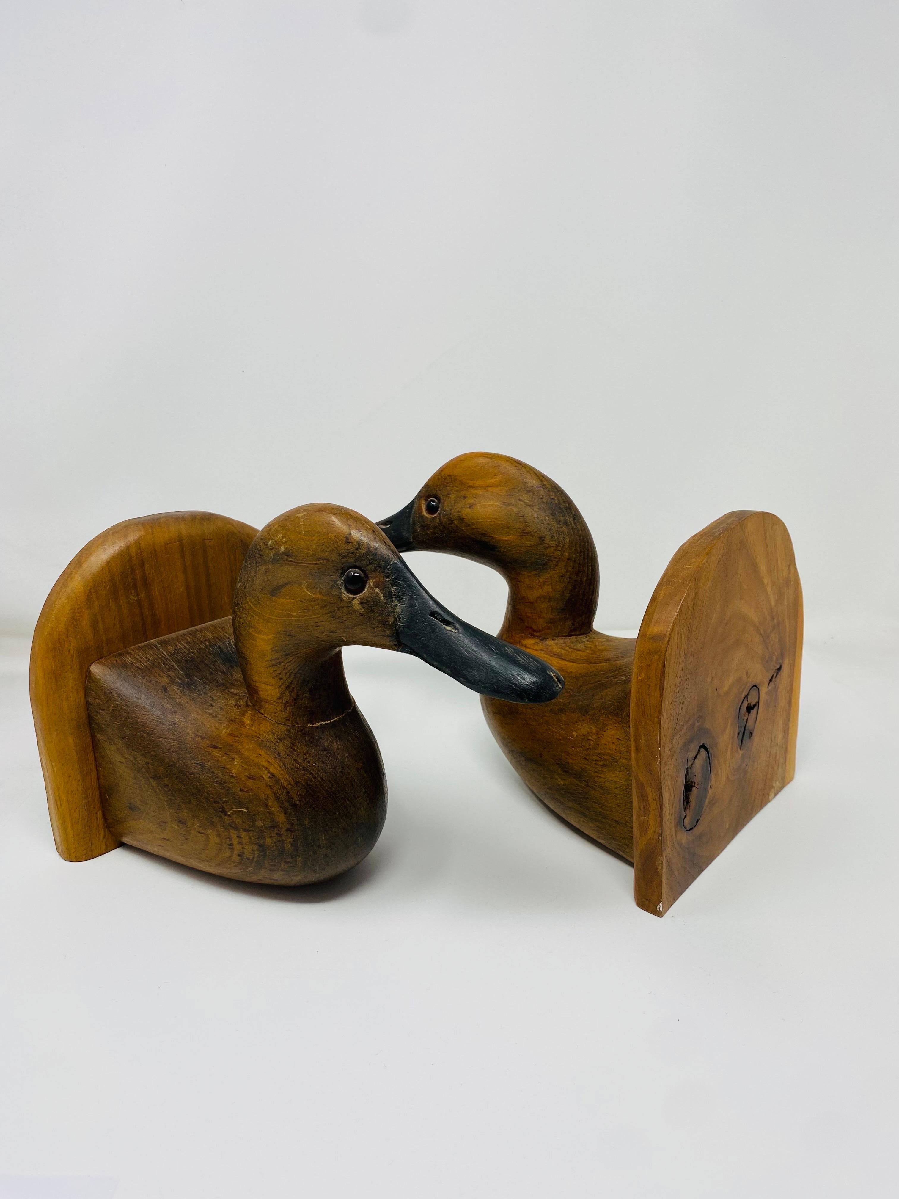 Hand-Crafted Vintage American Hand Carved Wooden Decoy Duck Bookends (Pair)