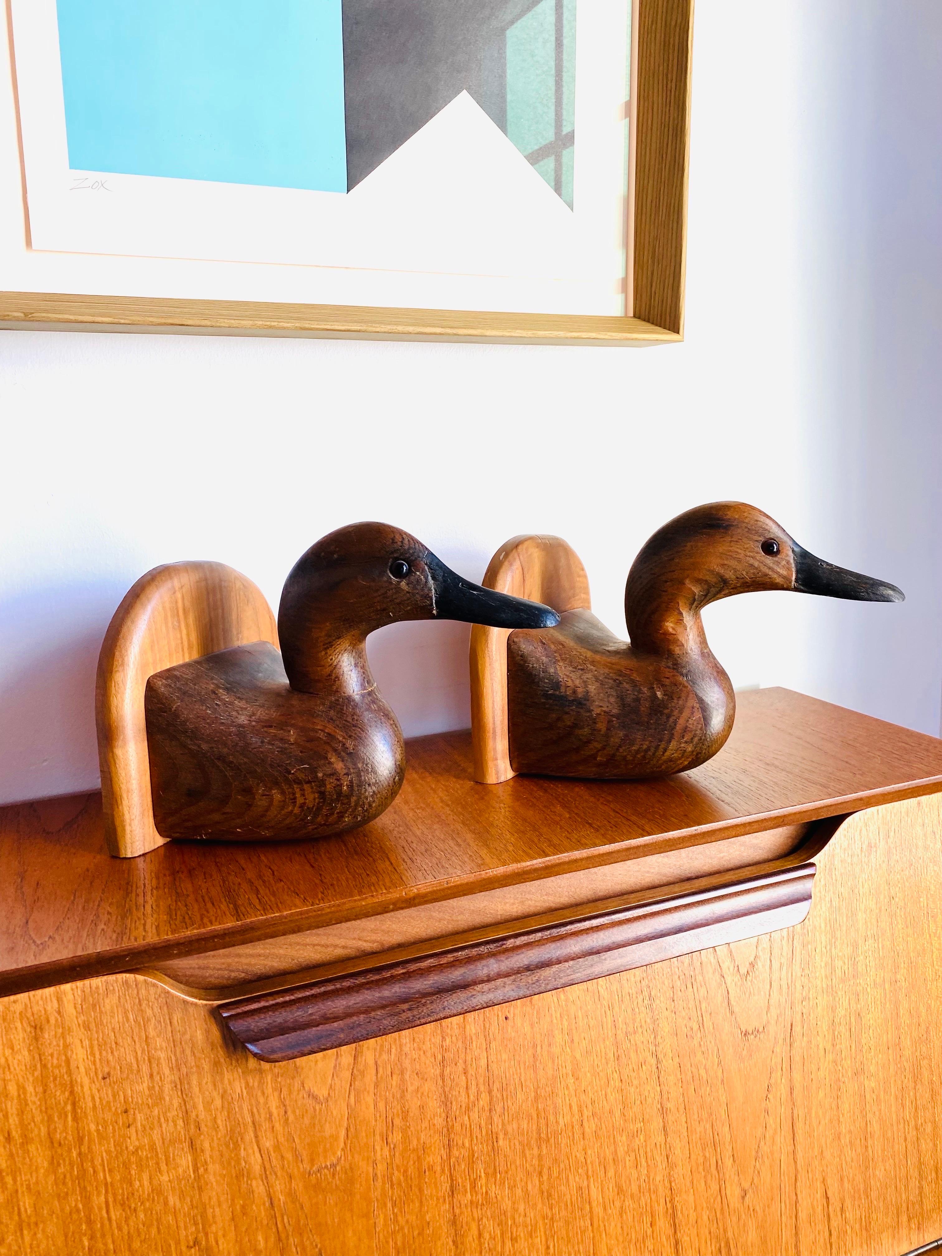 Late 20th Century Vintage American Hand Carved Wooden Decoy Duck Bookends (Pair)